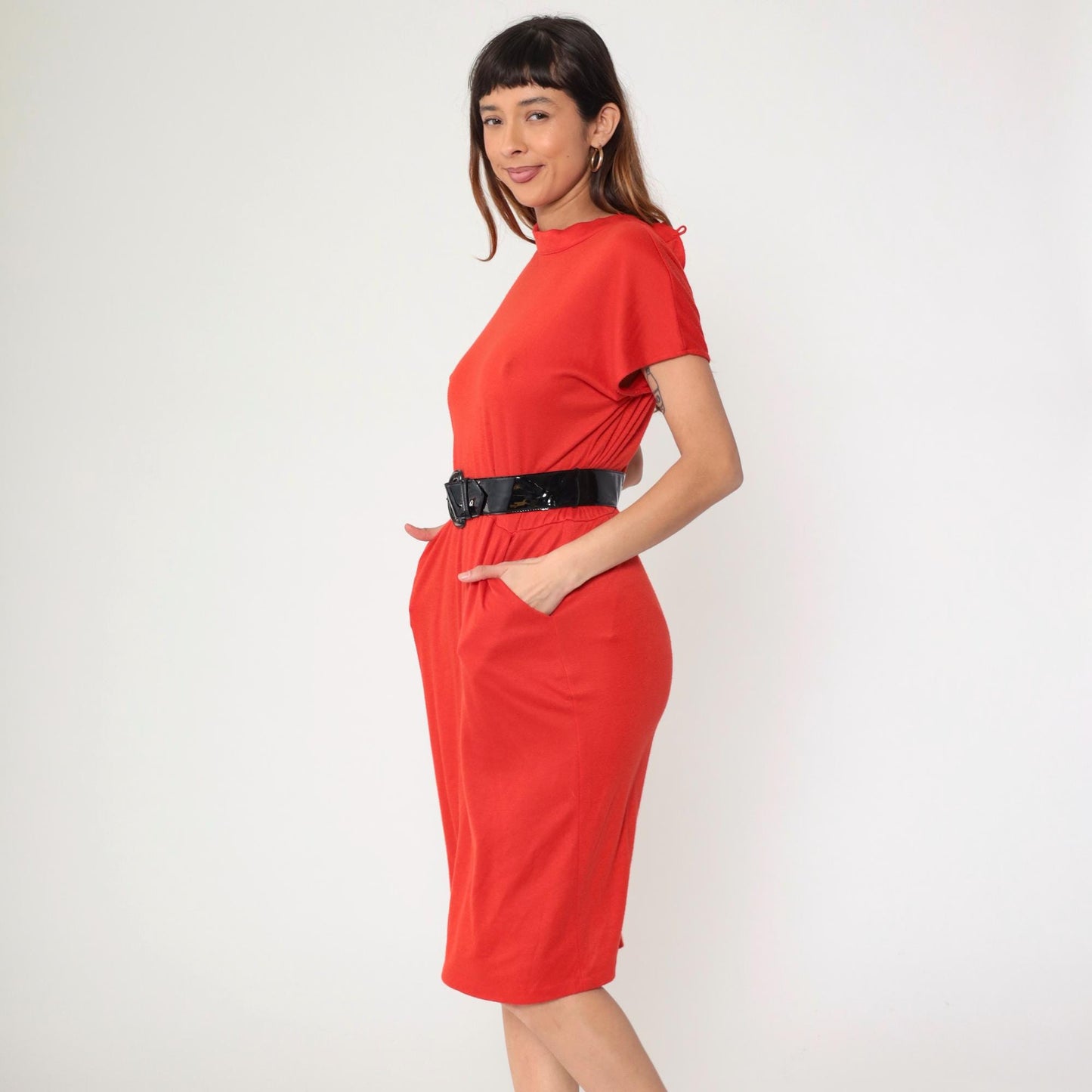 80s Red Pencil Dress with Black Patent Belt Mock Neck Medium M