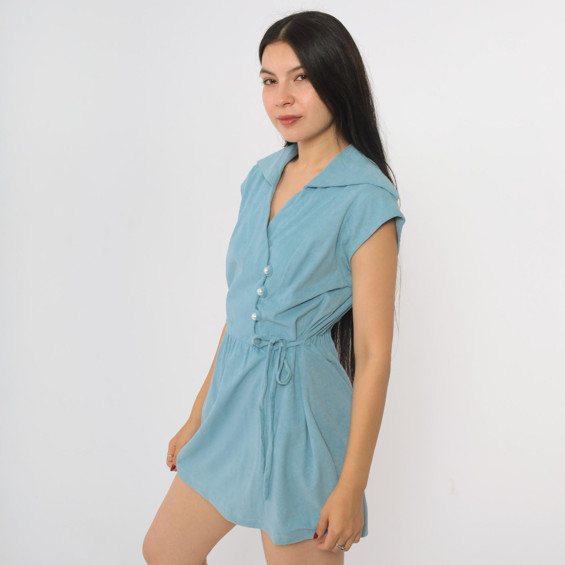 70s Blue Velour Mini Dress Asymmetrical Pearl Buttons Cap Sleeve Medium M