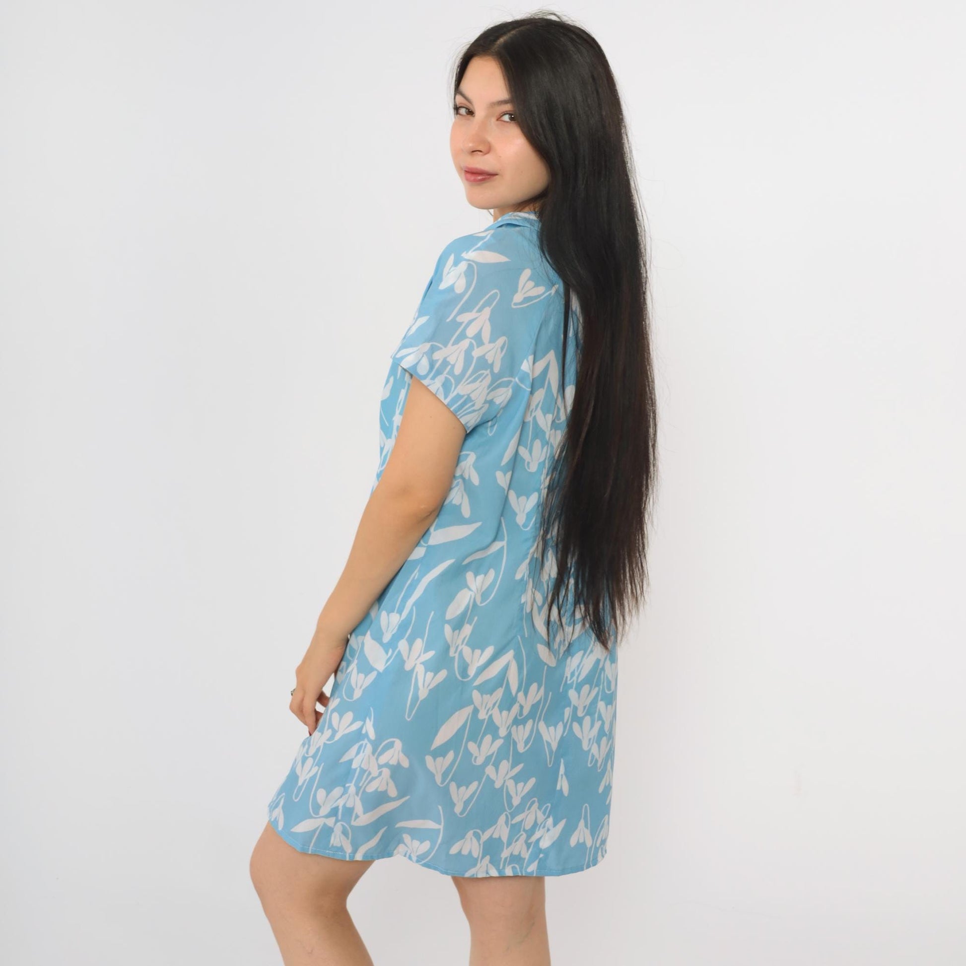 60s Blue Floral Shift Mini Dress Tie Collar Short Sleeve Medium M