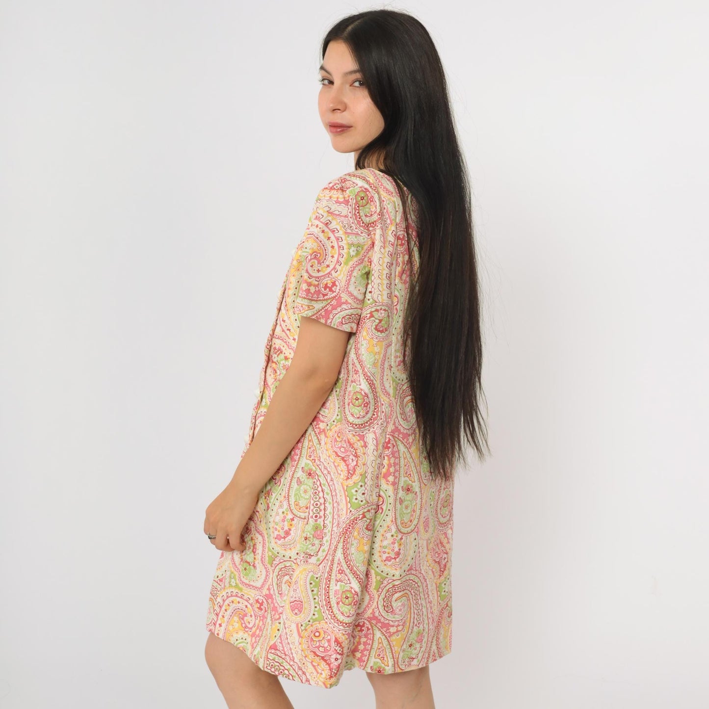90s Paisley Mini Dress Psychedelic Print Asymmetrical Button Shift Medium Large