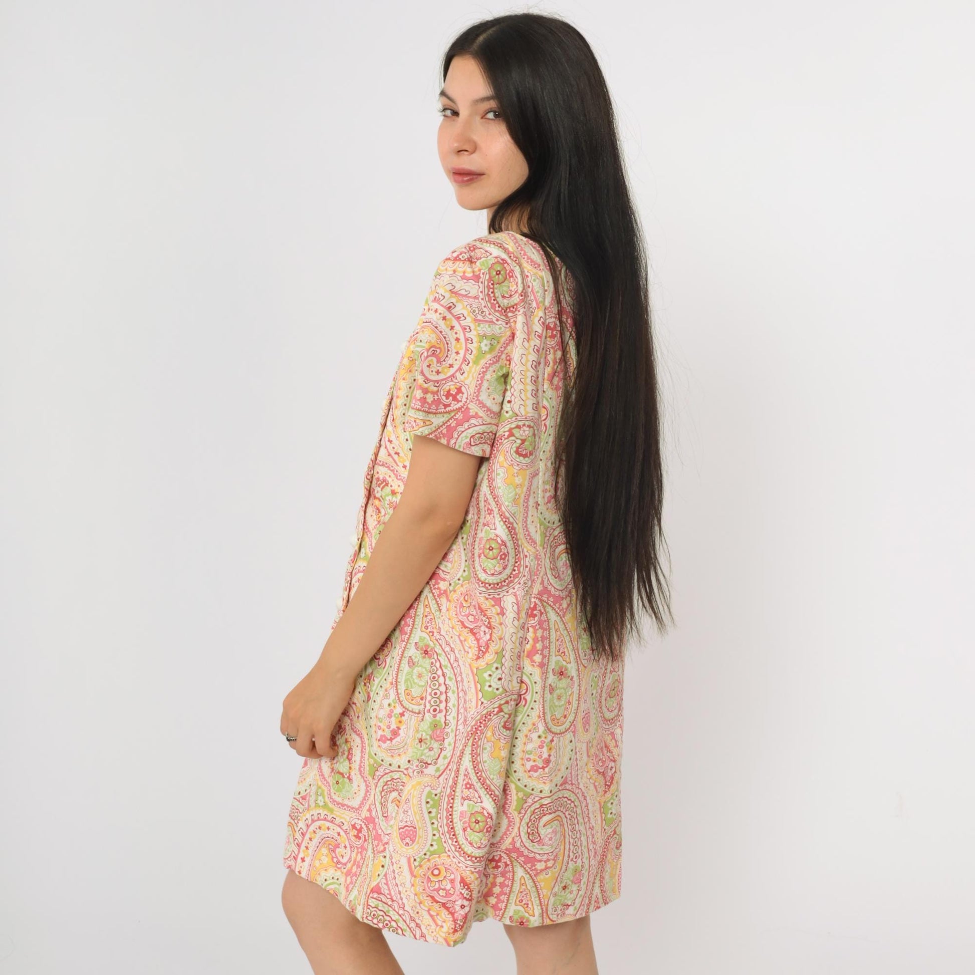 90s Paisley Mini Dress Psychedelic Print Asymmetrical Button Shift Medium Large