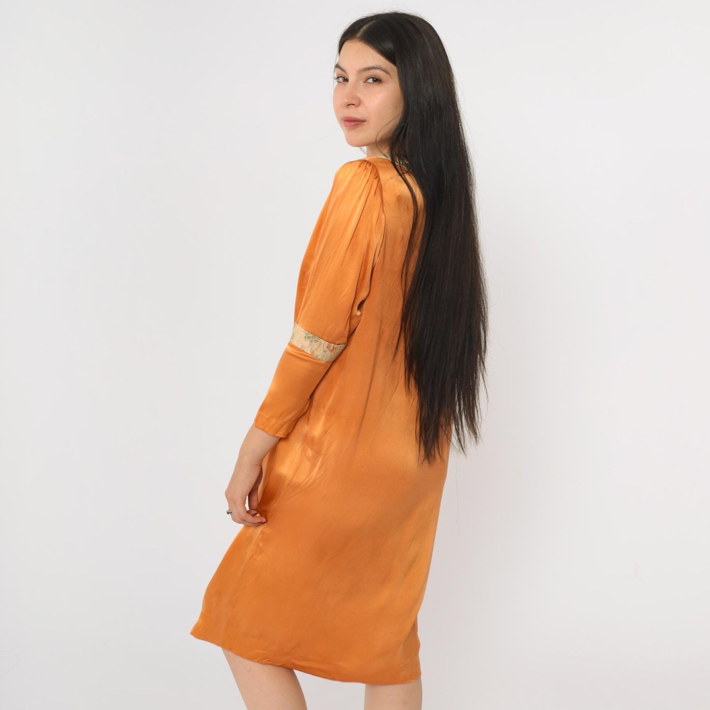 70s Orange Satin Midi Dress Floral Brocade Trim Tie Waist Puff Sleeve Small