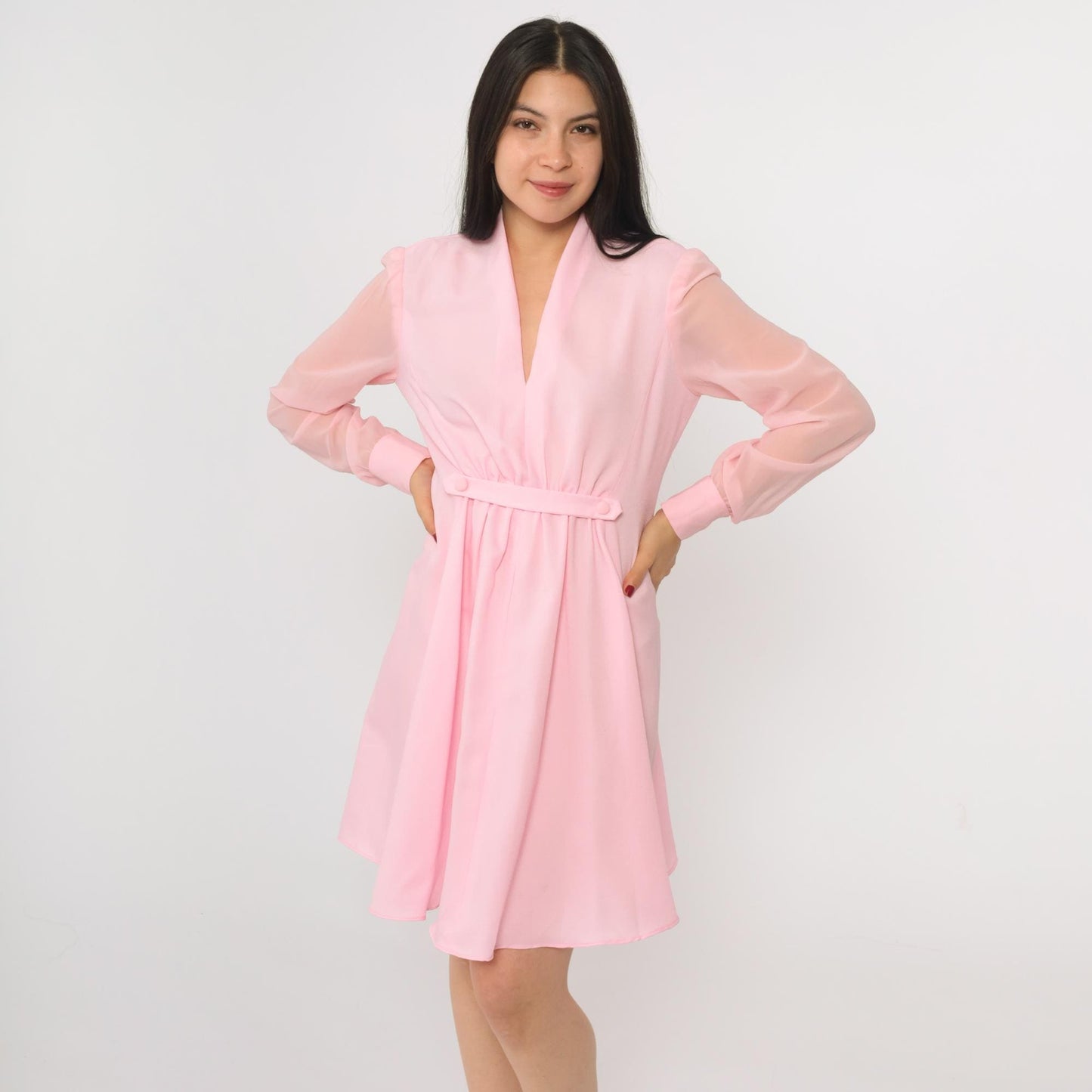 70s Pink Mini Dress V-Neck Sheer Chiffon Sleeve High Waist Gathered Medium