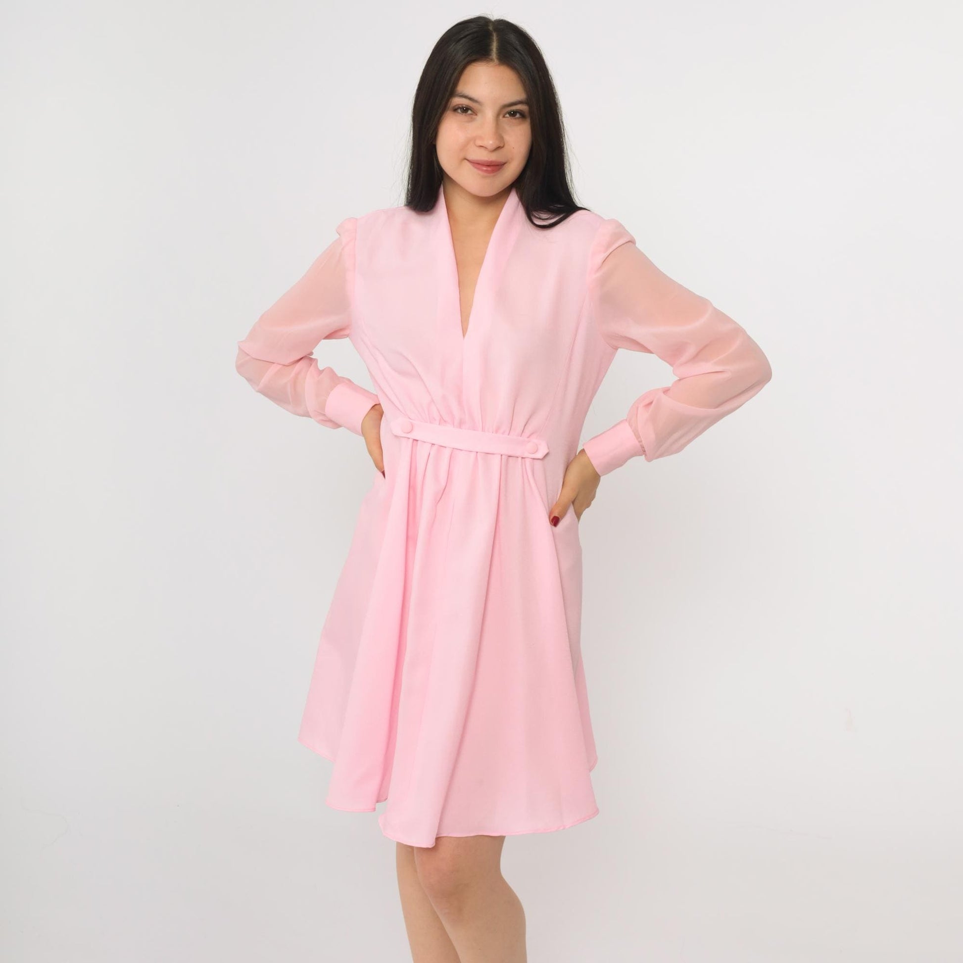 70s Pink Mini Dress V-Neck Sheer Chiffon Sleeve High Waist Gathered Medium