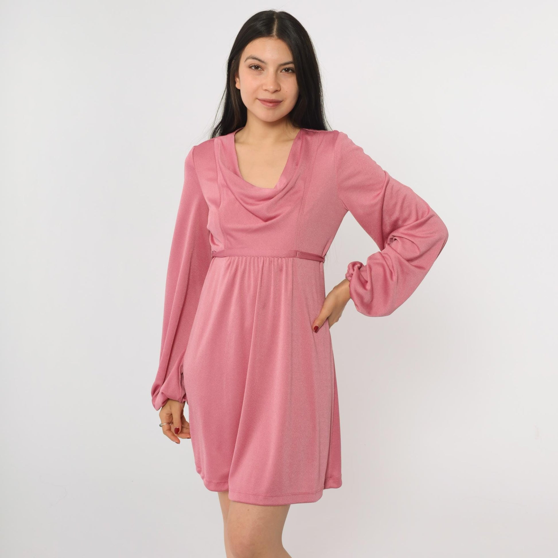 70s Pink Cowl Neck Mini Dress Balloon Sleeve Empire Waist Small