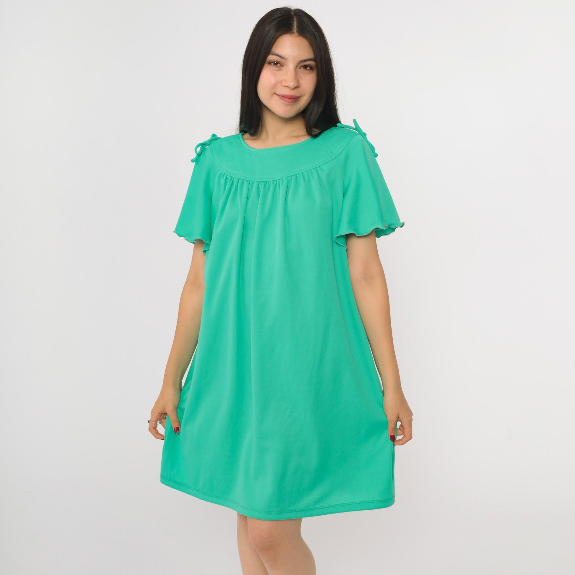 70s Green Flutter Sleeve Mini Dress Tent Cut Lettuce Edge Large L