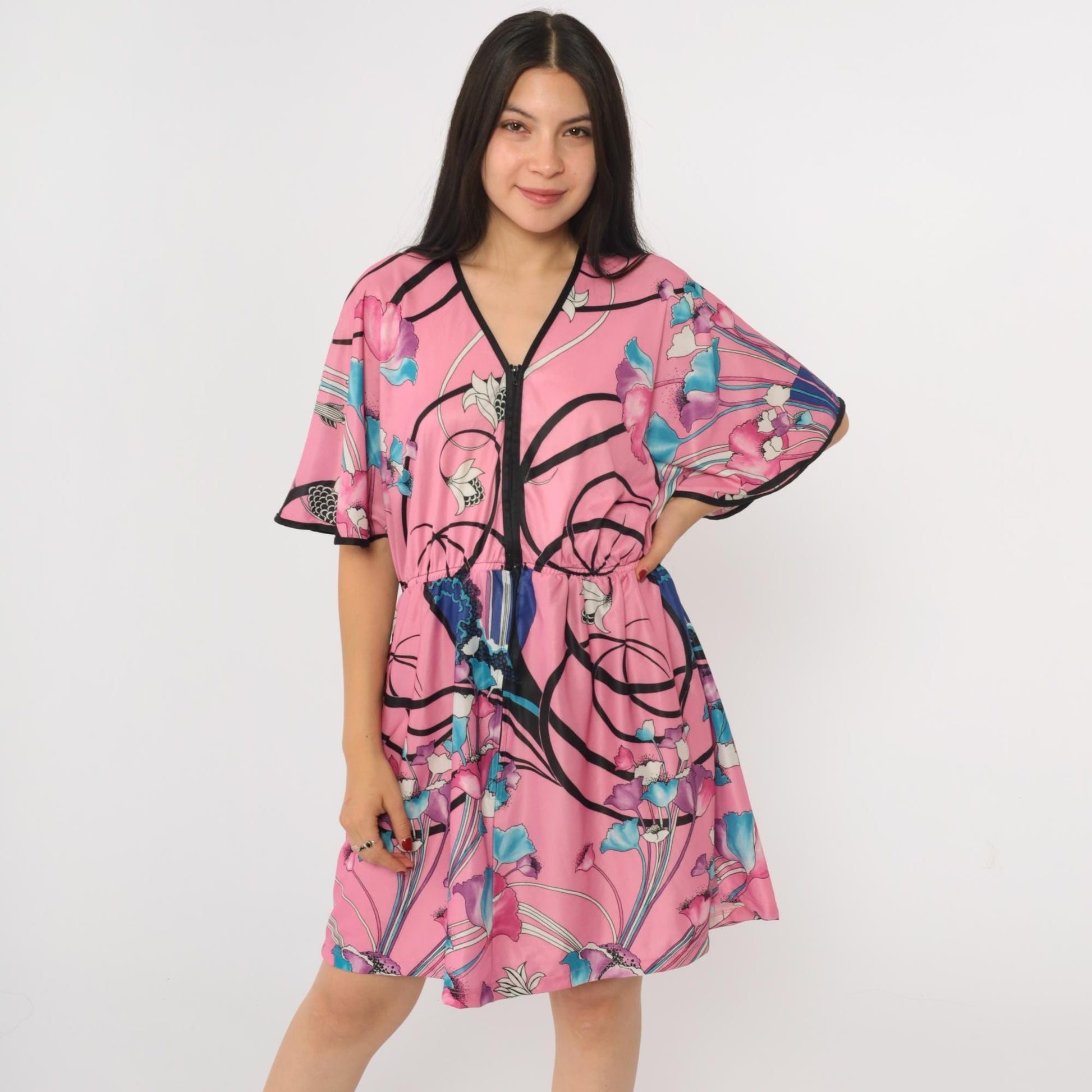 70s Pink Floral Mini Dress V Neck Flutter Sleeve High Waist Zip Front Medium