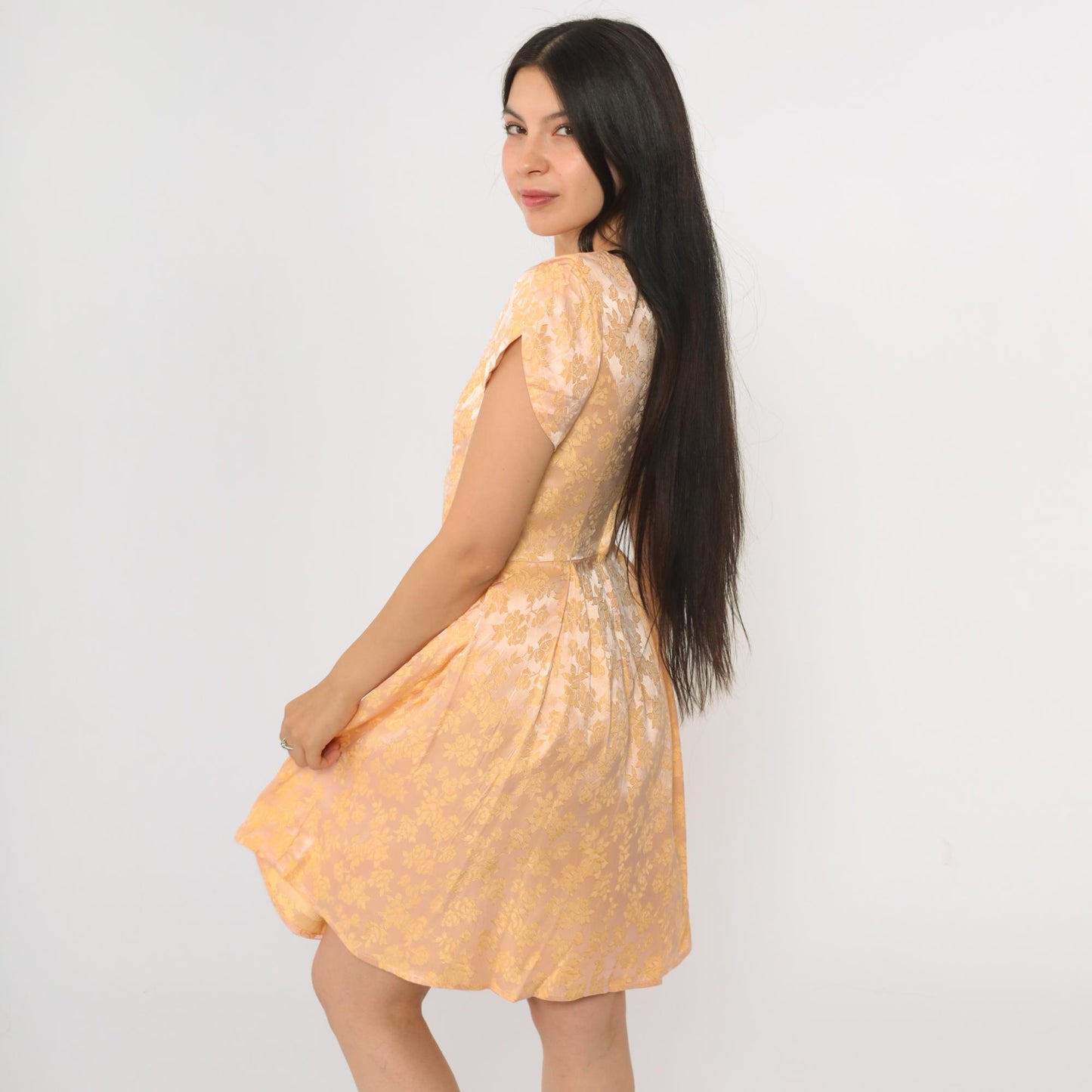 1960s Peach Yellow Floral Jacquard Party Dress Tulip Sleeve Mini Extra Small