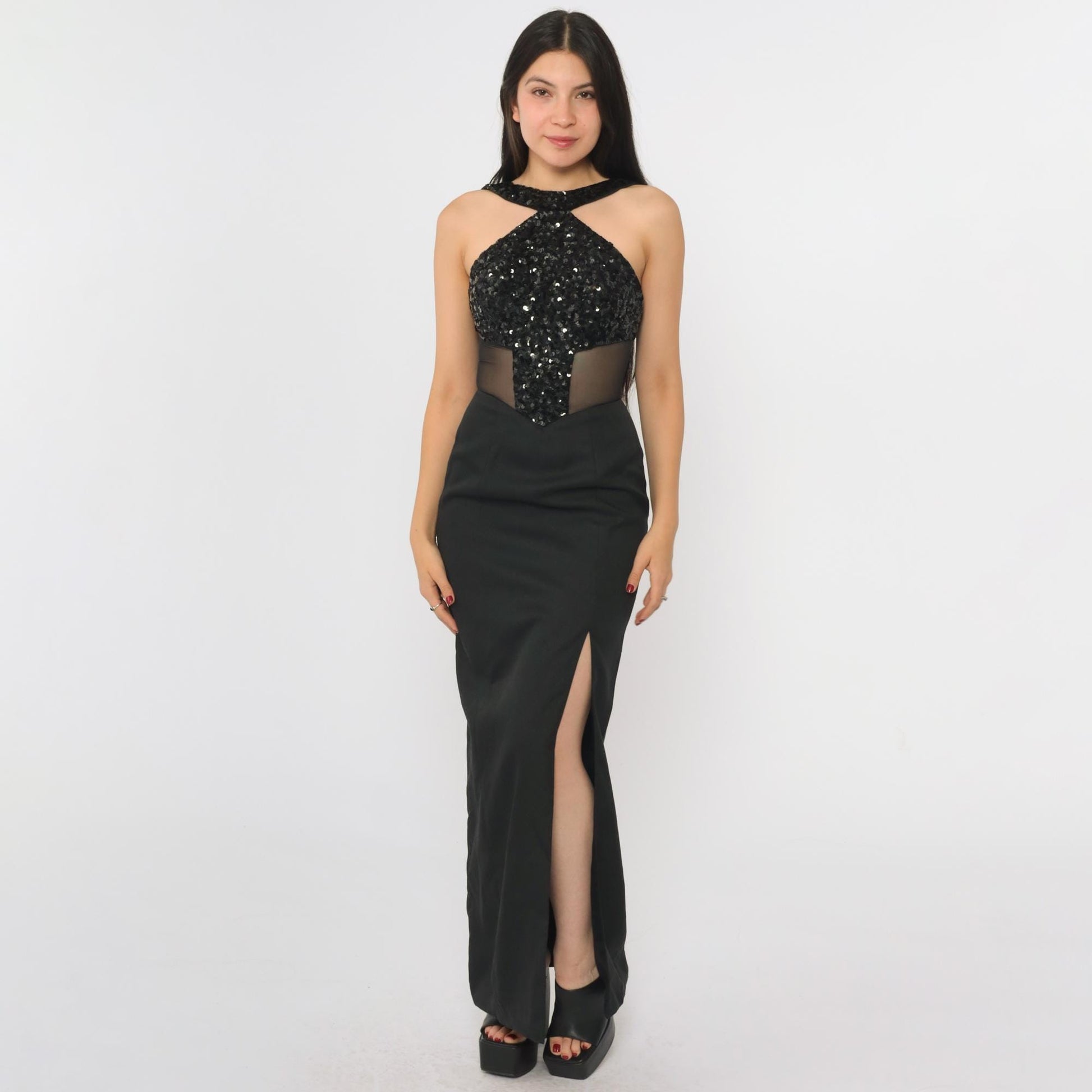 90s Black Sequin Halter Evening Gown Open Back High Slit Mesh Inset Extra Small