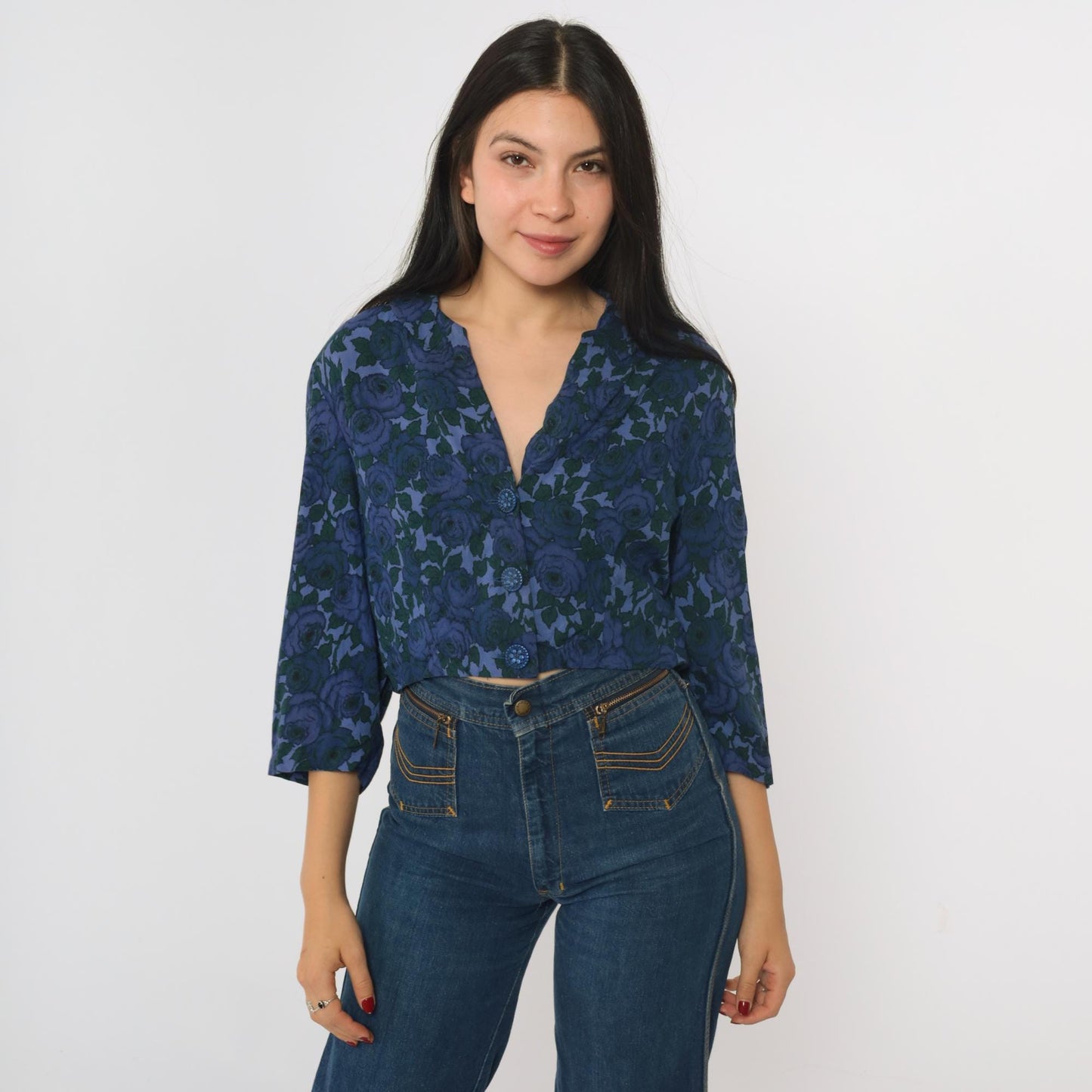 60s Floral Cropped Blouse Dark Blue Button-Up Collar Shirt 3/4 Sleeve Medium M
