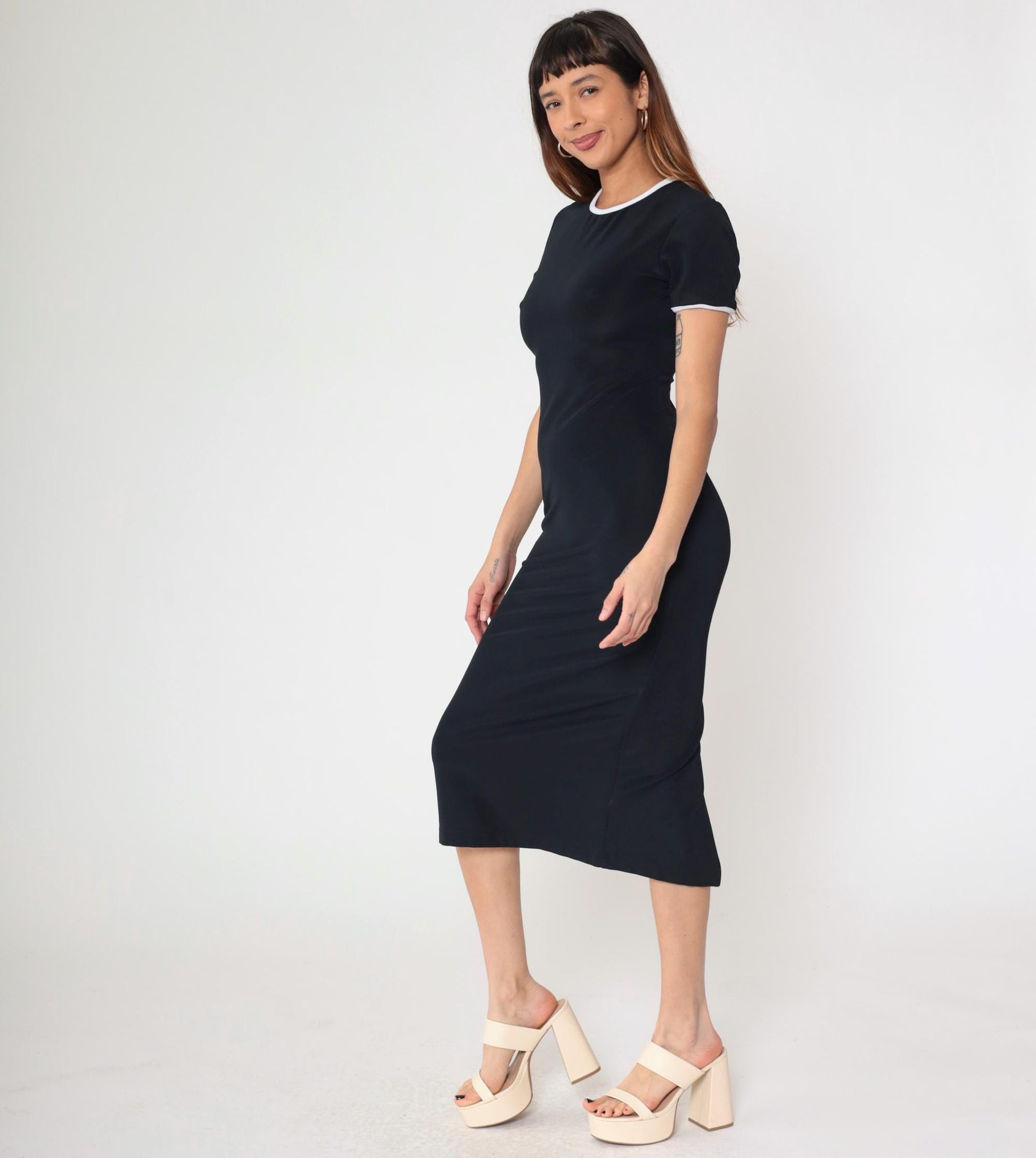 90s Black Bodycon Midi Dress White Ringer Trim Short Sleeve Small