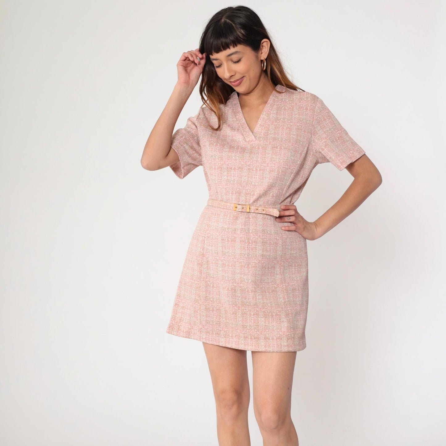 70s Mod Mini Dress Pink Checkered Shift V-Neck Belted Short Sleeve Medium M