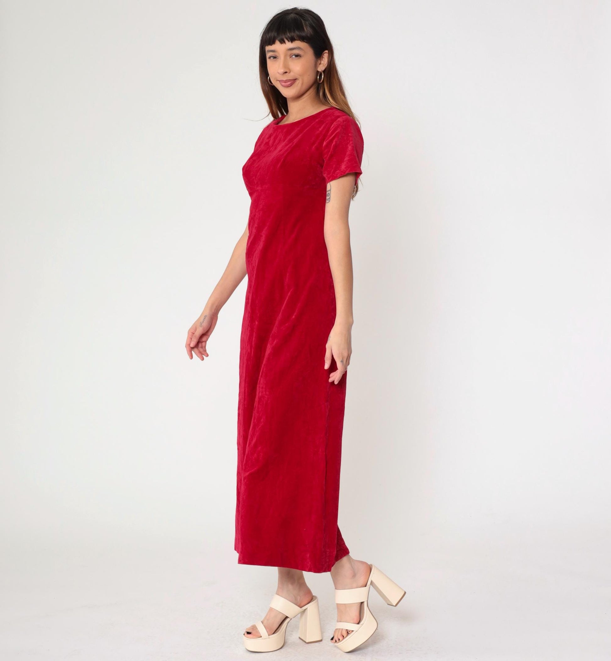 60s Red Velvet Maxi Dress Empire Waist Short Sleeve Small