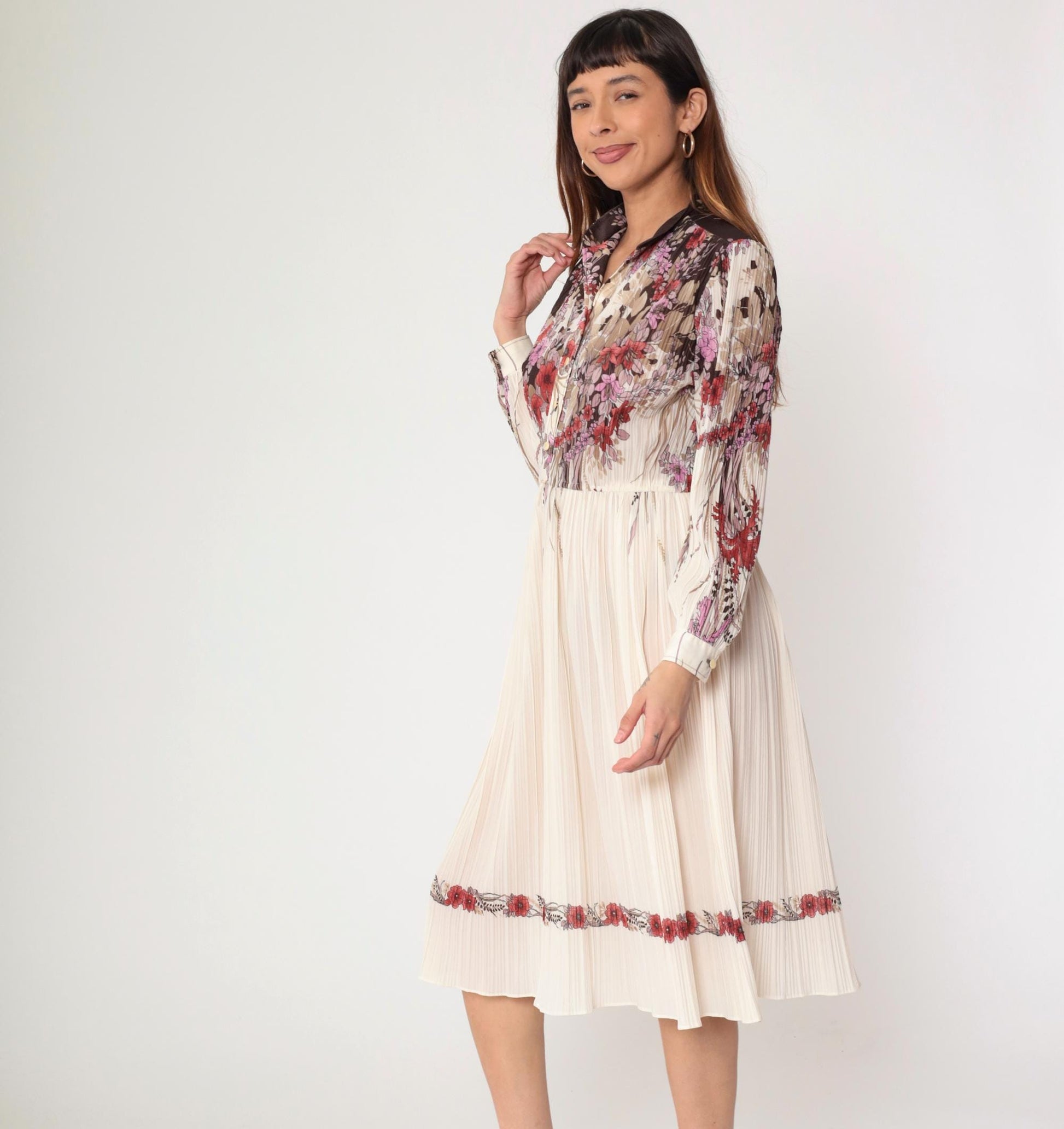 70s Off-White Floral Midi Shirtdress Knife Pleated High Waist Long Sleeve Small Medium