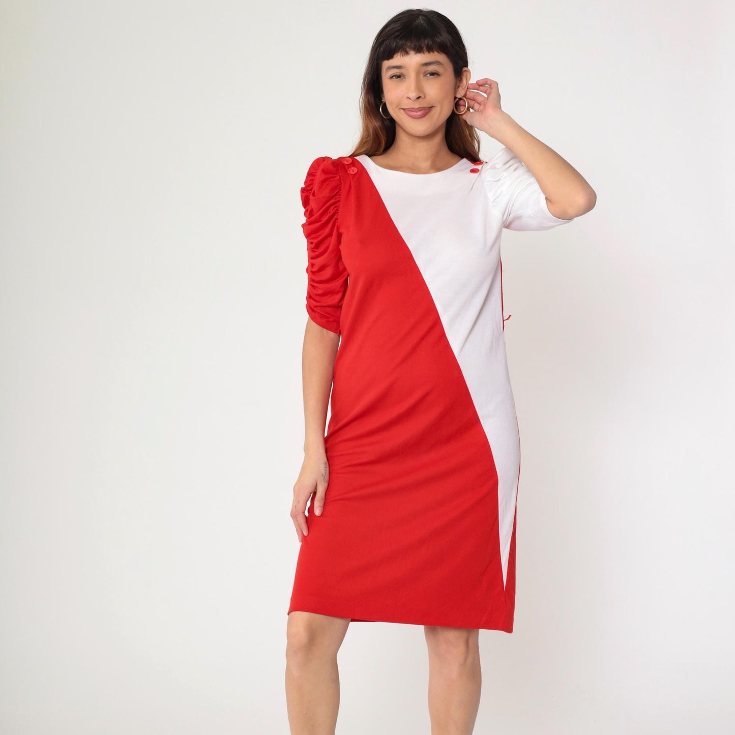 80s Color Block Red White Knee-Length Dress Puff Sleeve Sheath Small
