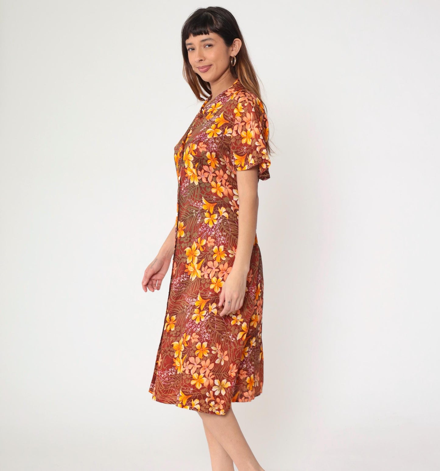 70s Floral Hawaiian Shift Dress Orange Tropical Button-Up Midi Extra Large