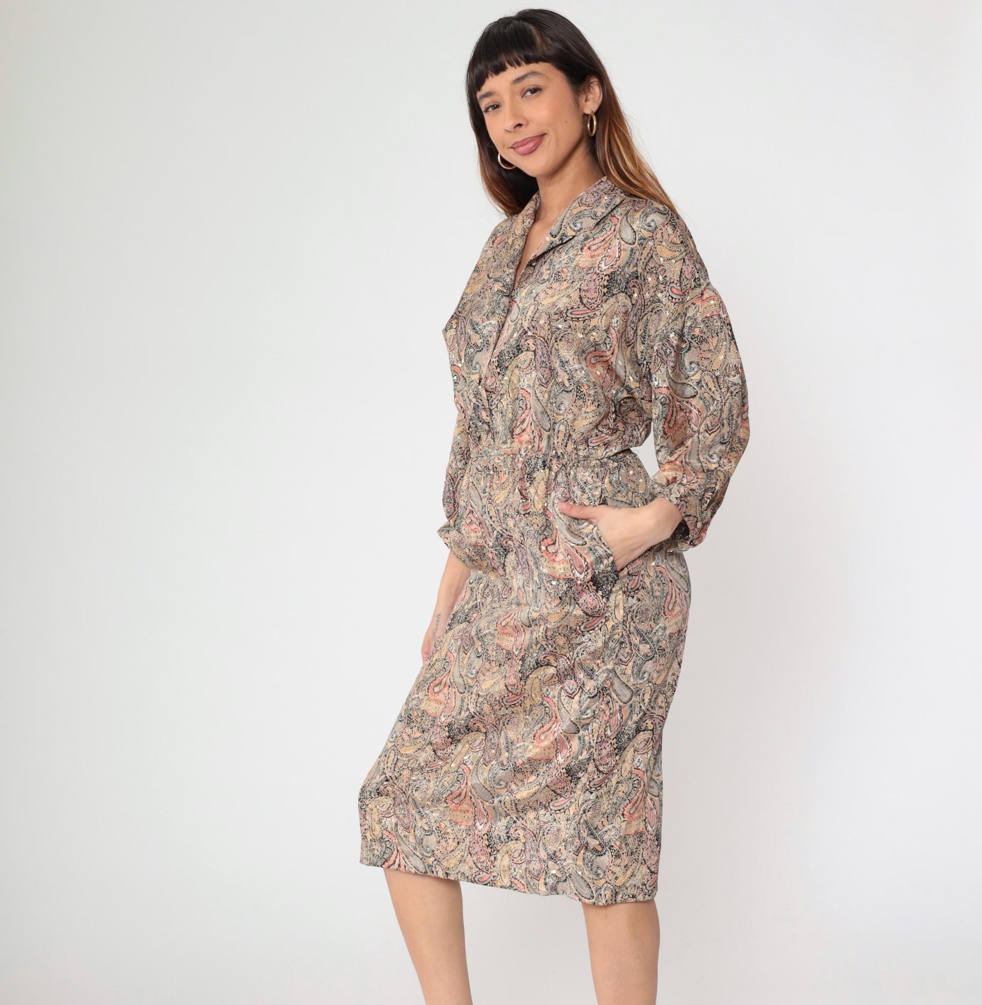 80s The Jones Girl Paisley Midi Dress High Waist Button Up Beige Medium