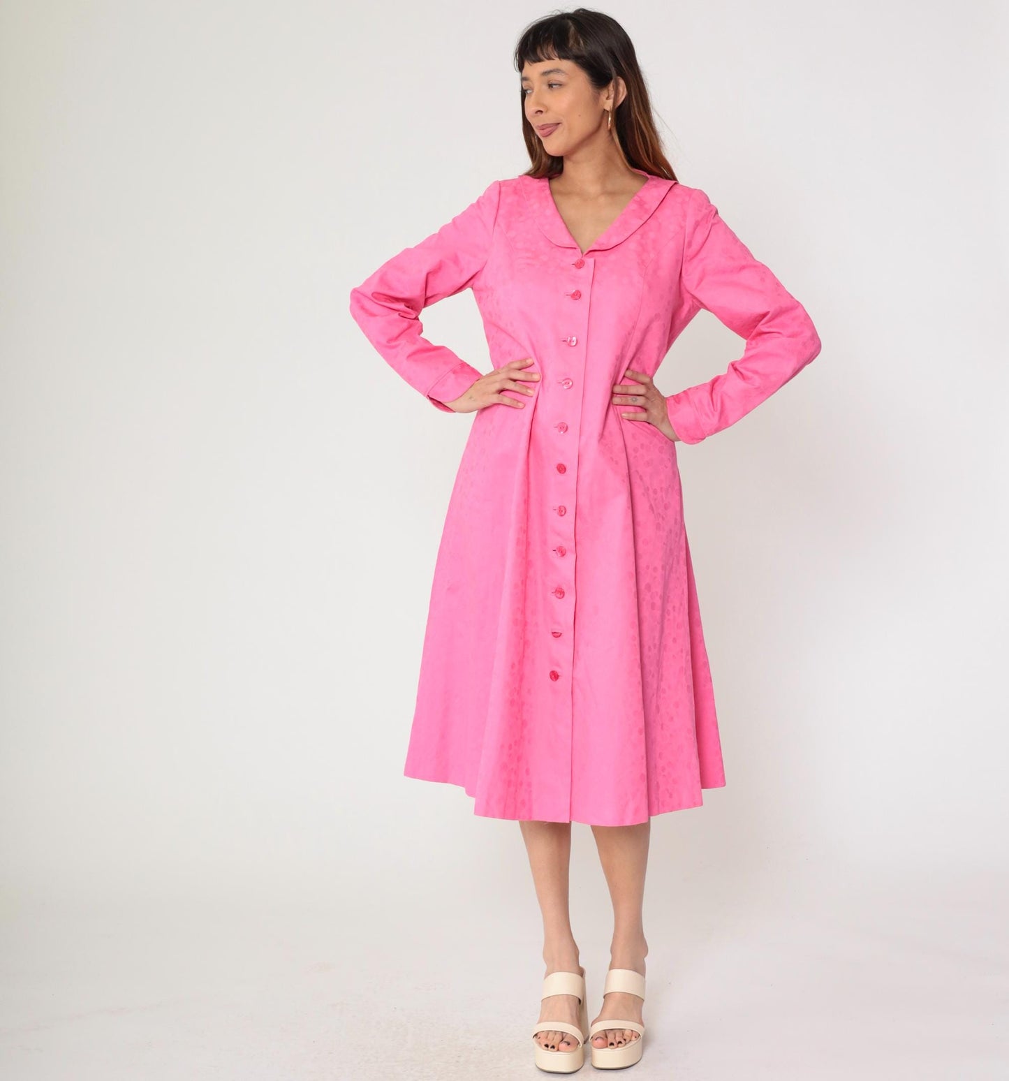 90s Fuchsia Jacquard Polka Dot Button-Up Midi Dress Long Sleeve Medium