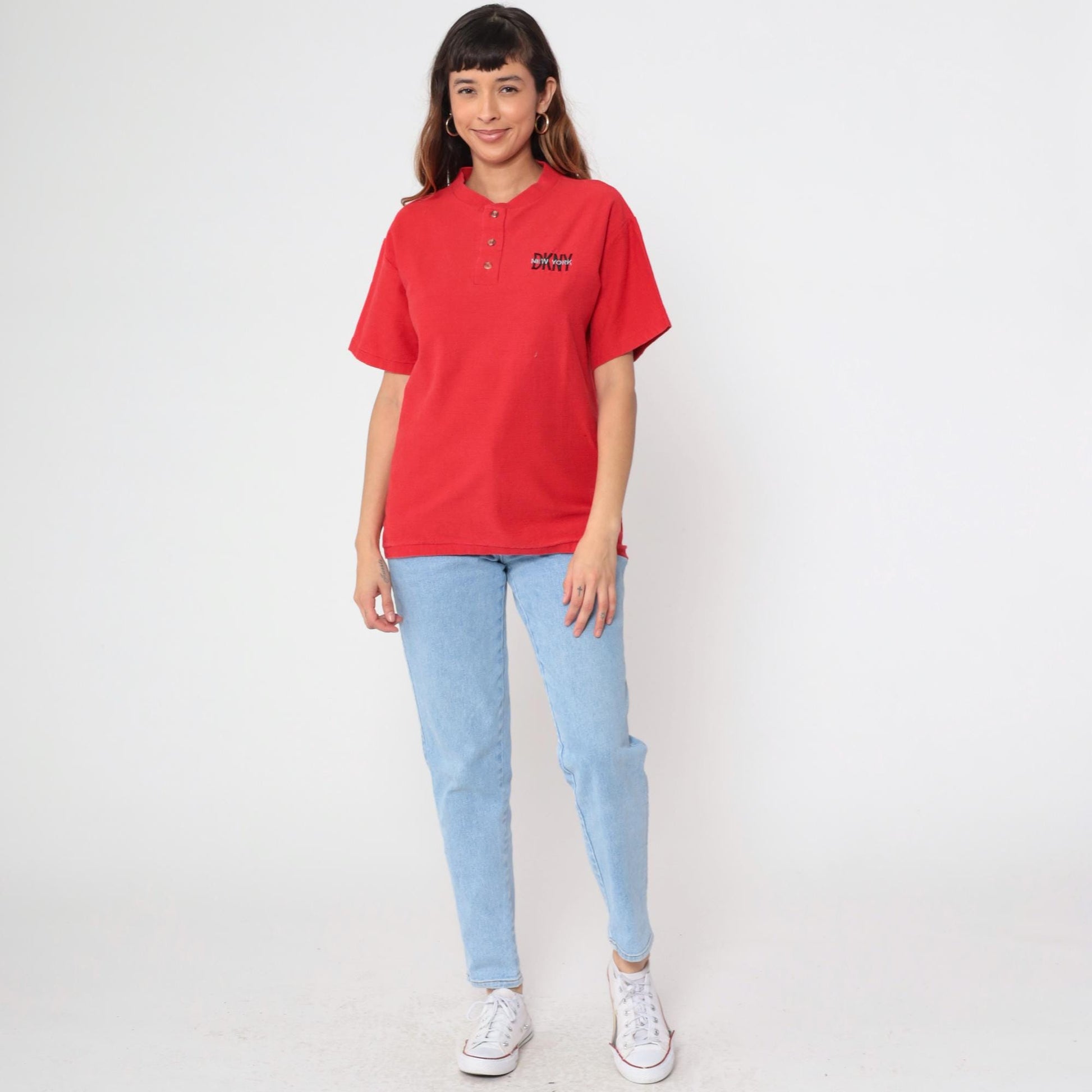 90s DKNY Henley Shirt Red Cotton Short Sleeve Button Up Medium M