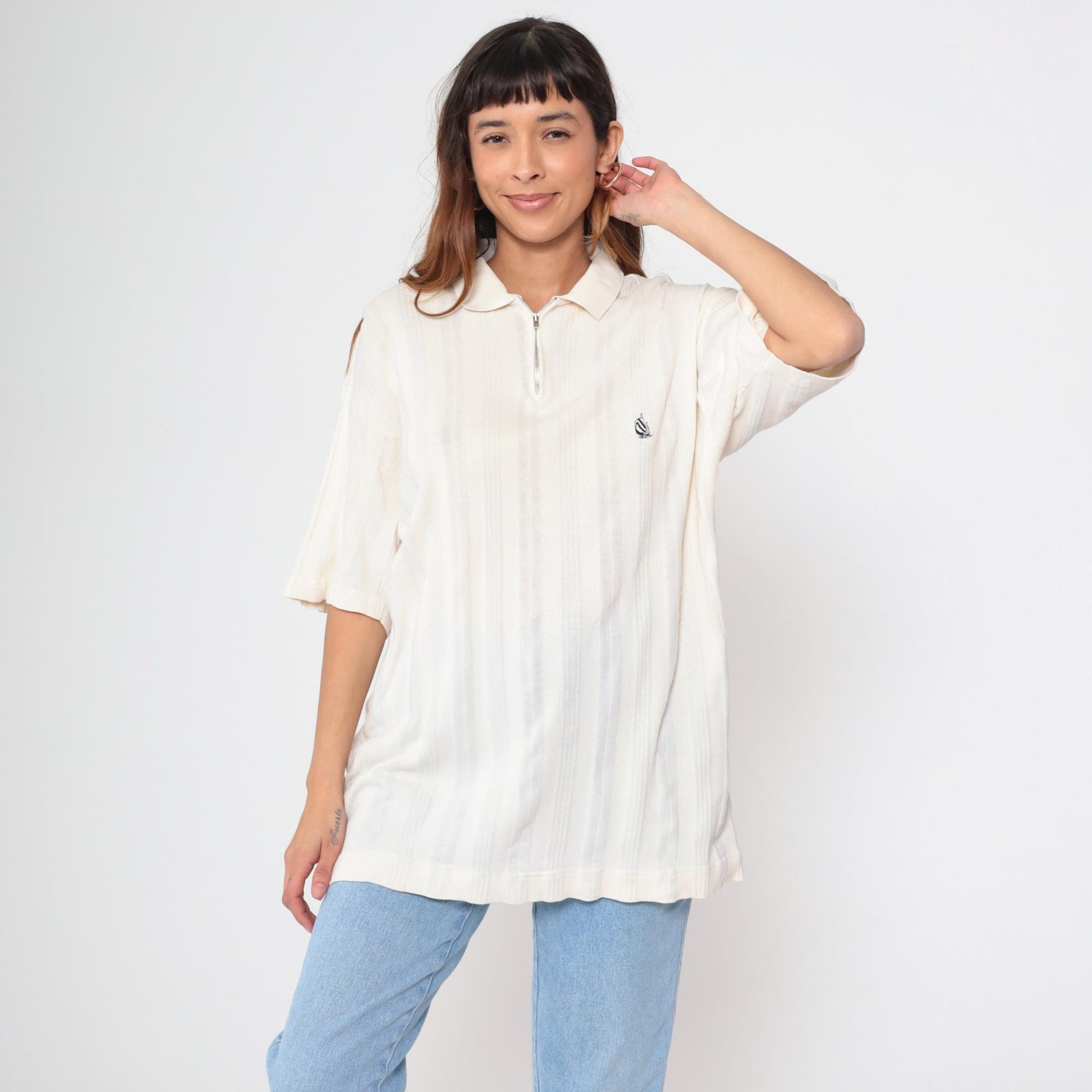 90s Nautica Quarter Zip Sailboat Shirt Off-White Ribbed Cotton Medium M