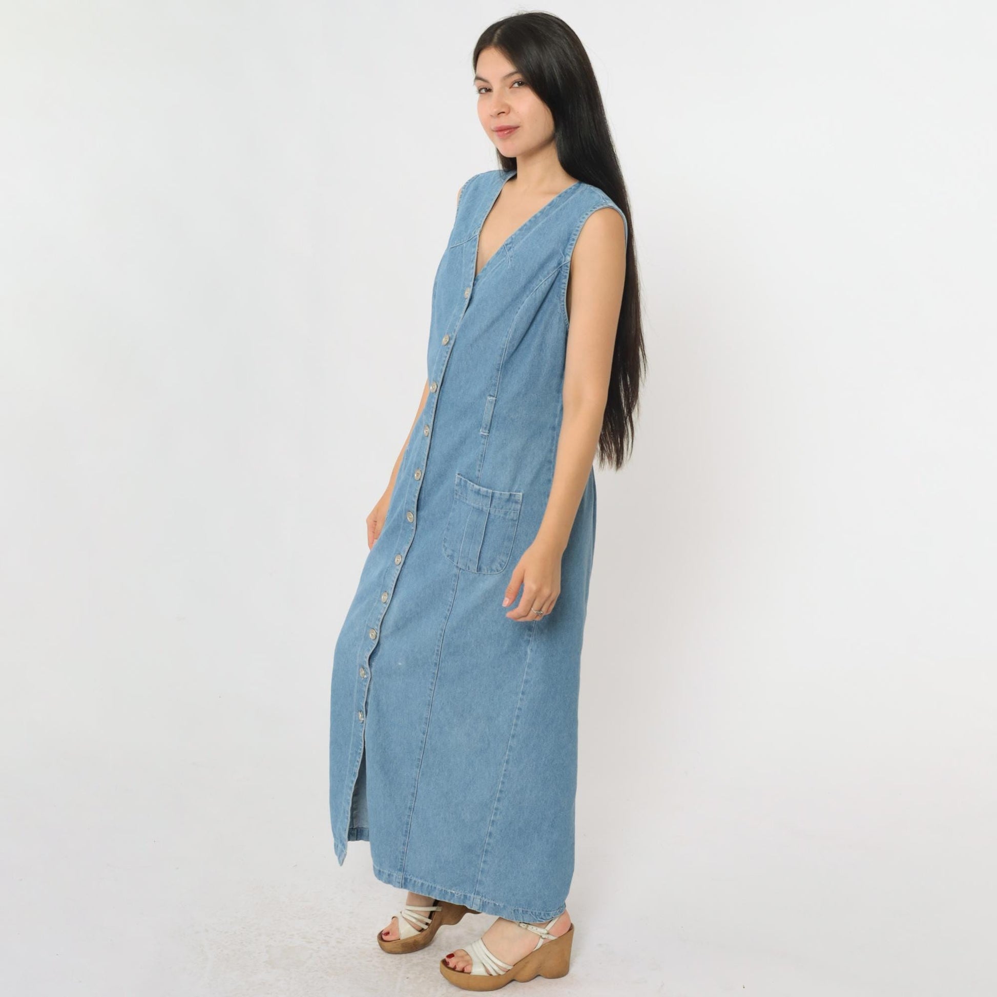 90s Studio Ease Blue Denim Jumper Dress Sleeveless V Neck Maxi Medium M
