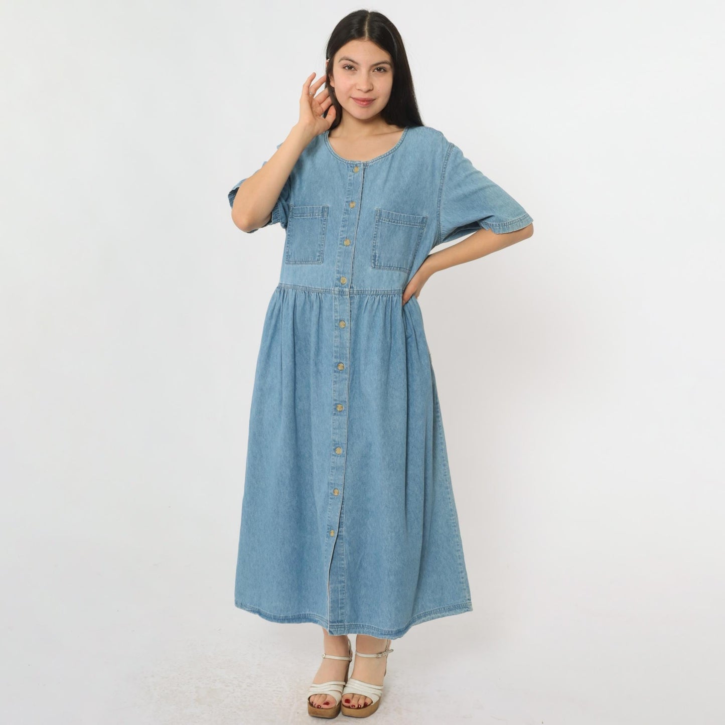 90s Mizz Lizz Blue Denim Midi Shirtdress Gathered Waist Medium M