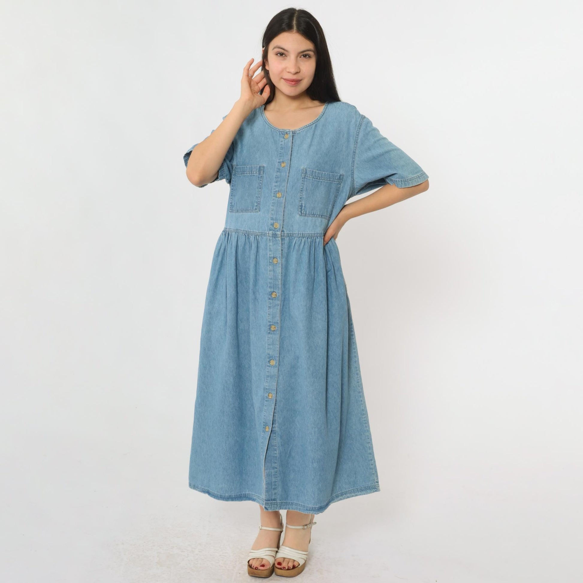 90s Mizz Lizz Blue Denim Midi Shirtdress Gathered Waist Medium M