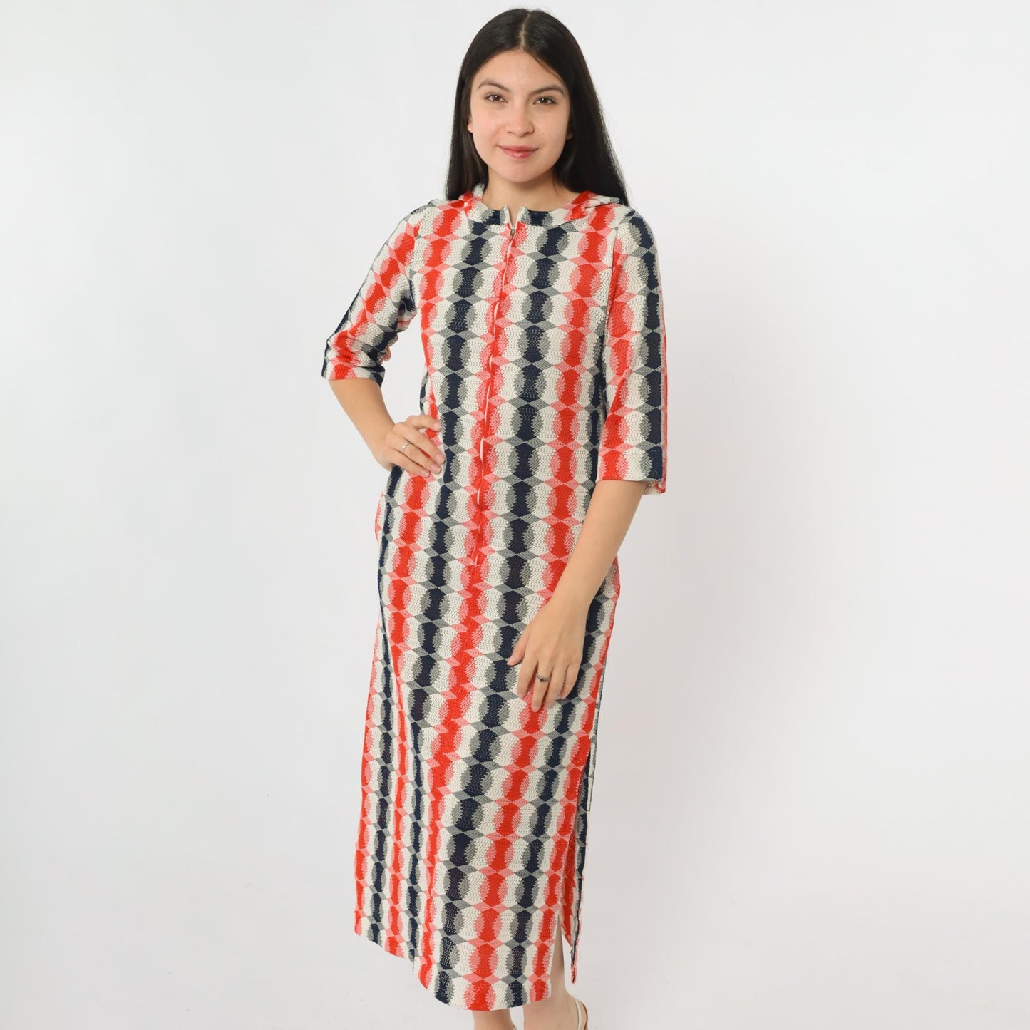 70s Mod Op Art Zip Dress Red Navy White Hooded Midi Cutout Small