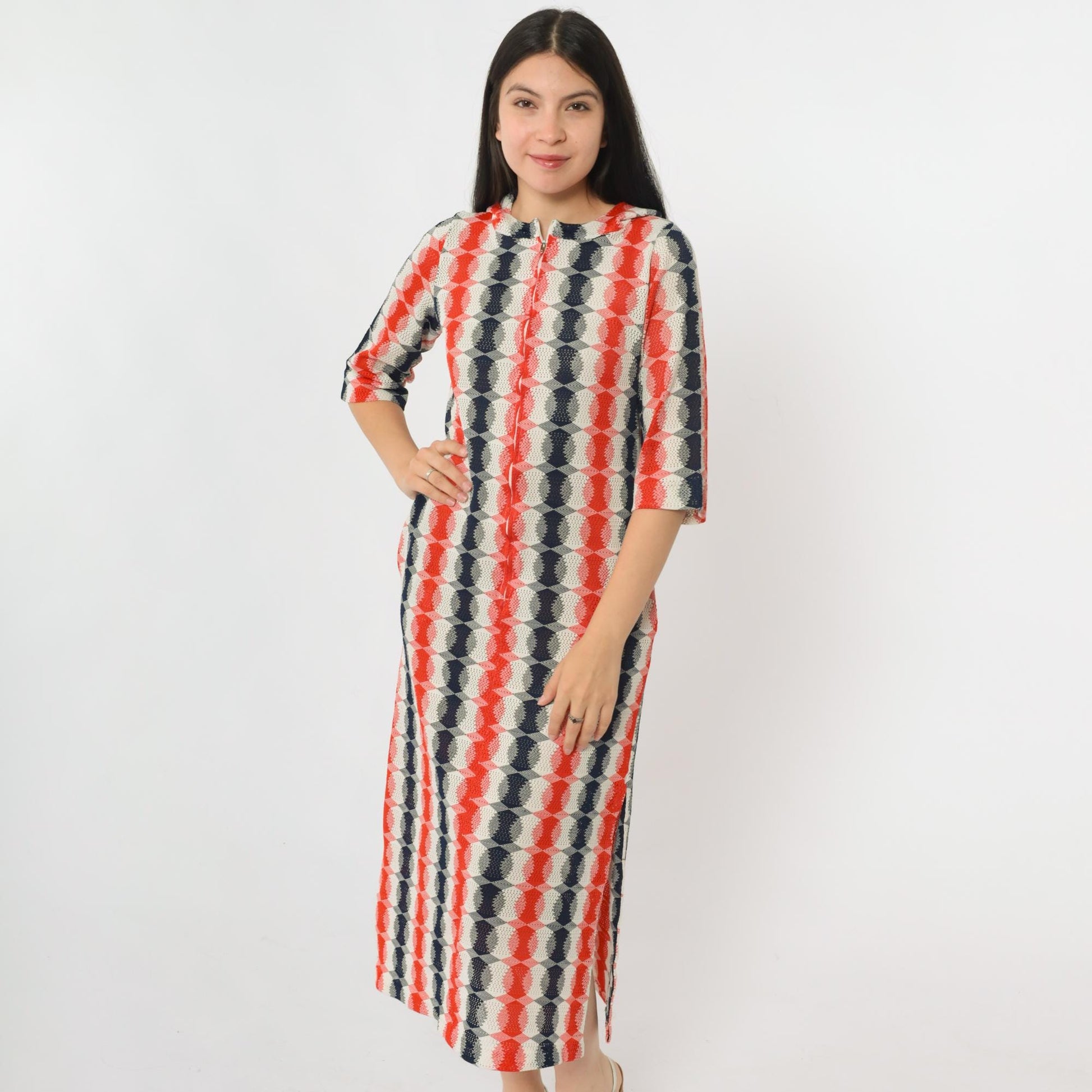 70s Mod Op Art Zip Dress Red Navy White Hooded Midi Cutout Small
