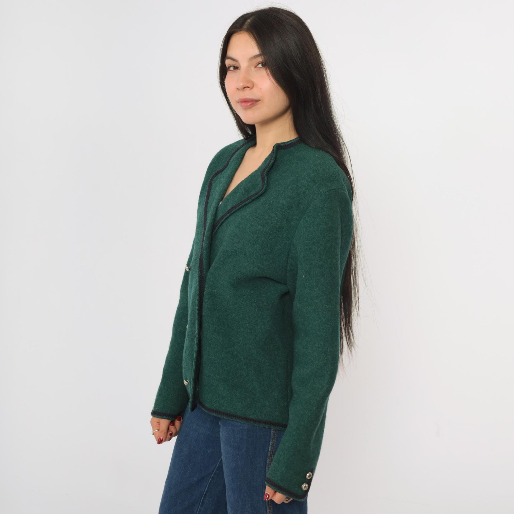 80s Lands' End Austrian Wool Jacket Double Breasted Green Tyrolean Blazer Large 12