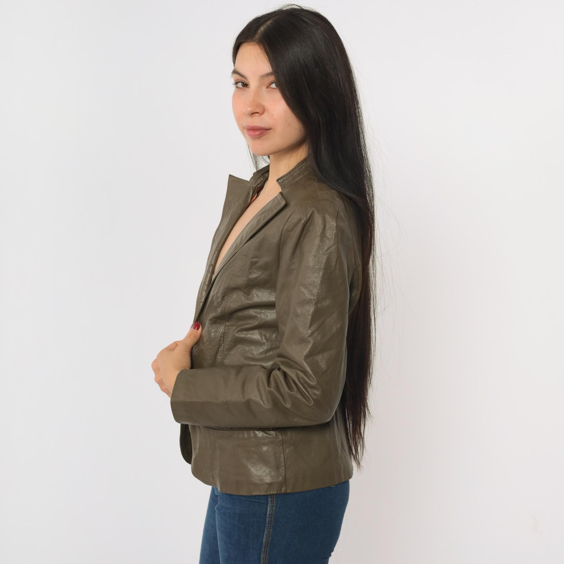 80s Carlisle Couture Brown Leather Blazer Puff Sleeve Open Front Small
