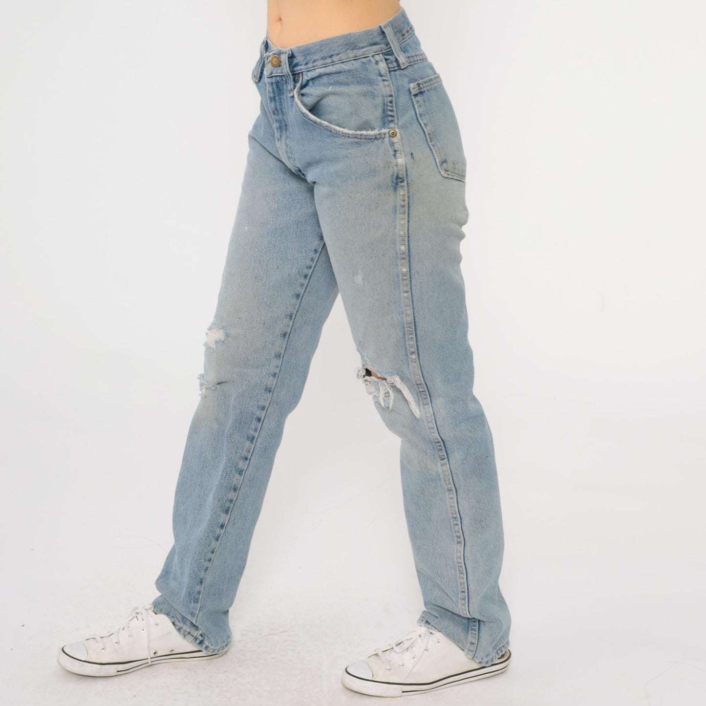 00s Wrangler Straight Leg High Rise Jeans Faded Blue Ripped 29x32