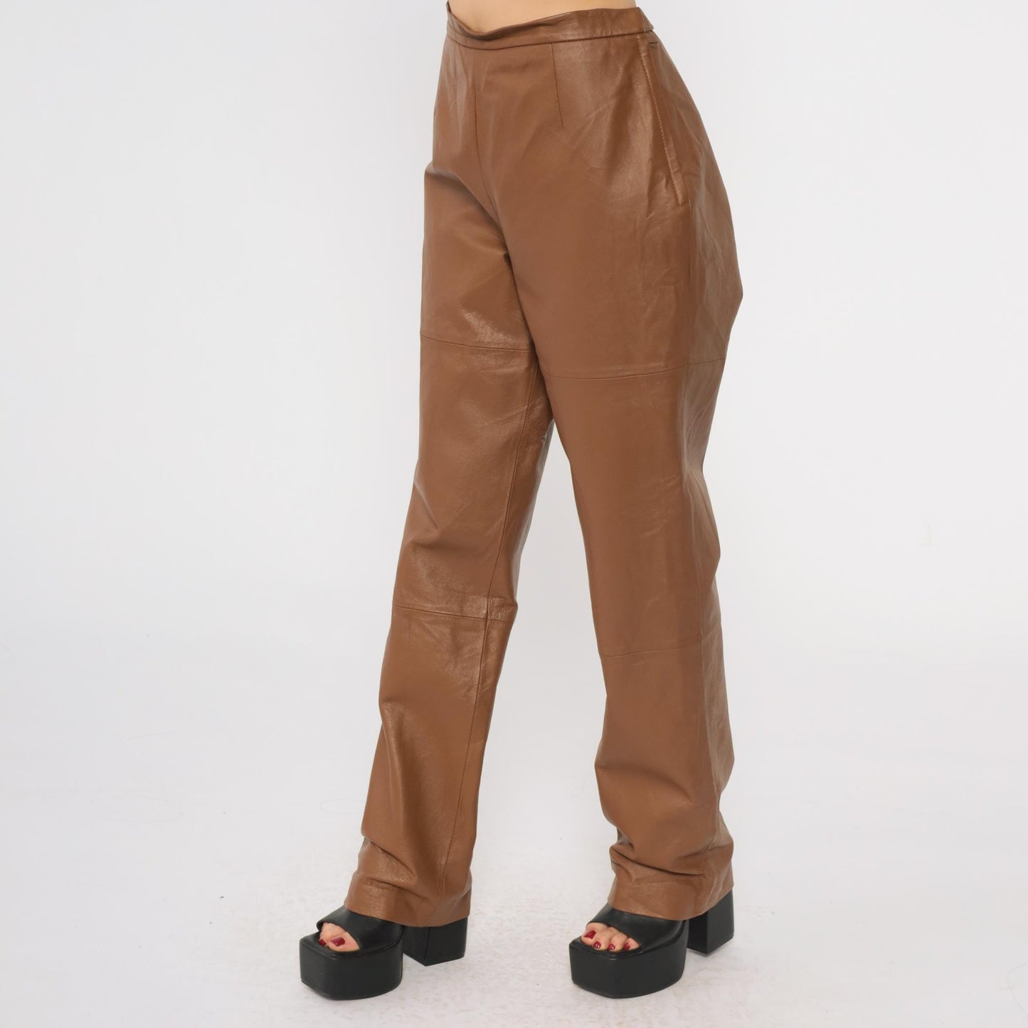 90s Terry Lewis Brown Leather Pants High Waist Straight Leg Medium