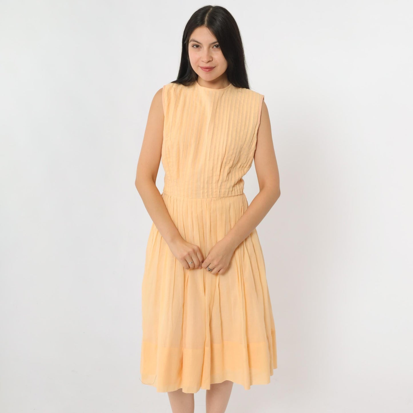 60s Peach Pleated Fit and Flare Midi Dress Sleeveless High Waist Small S