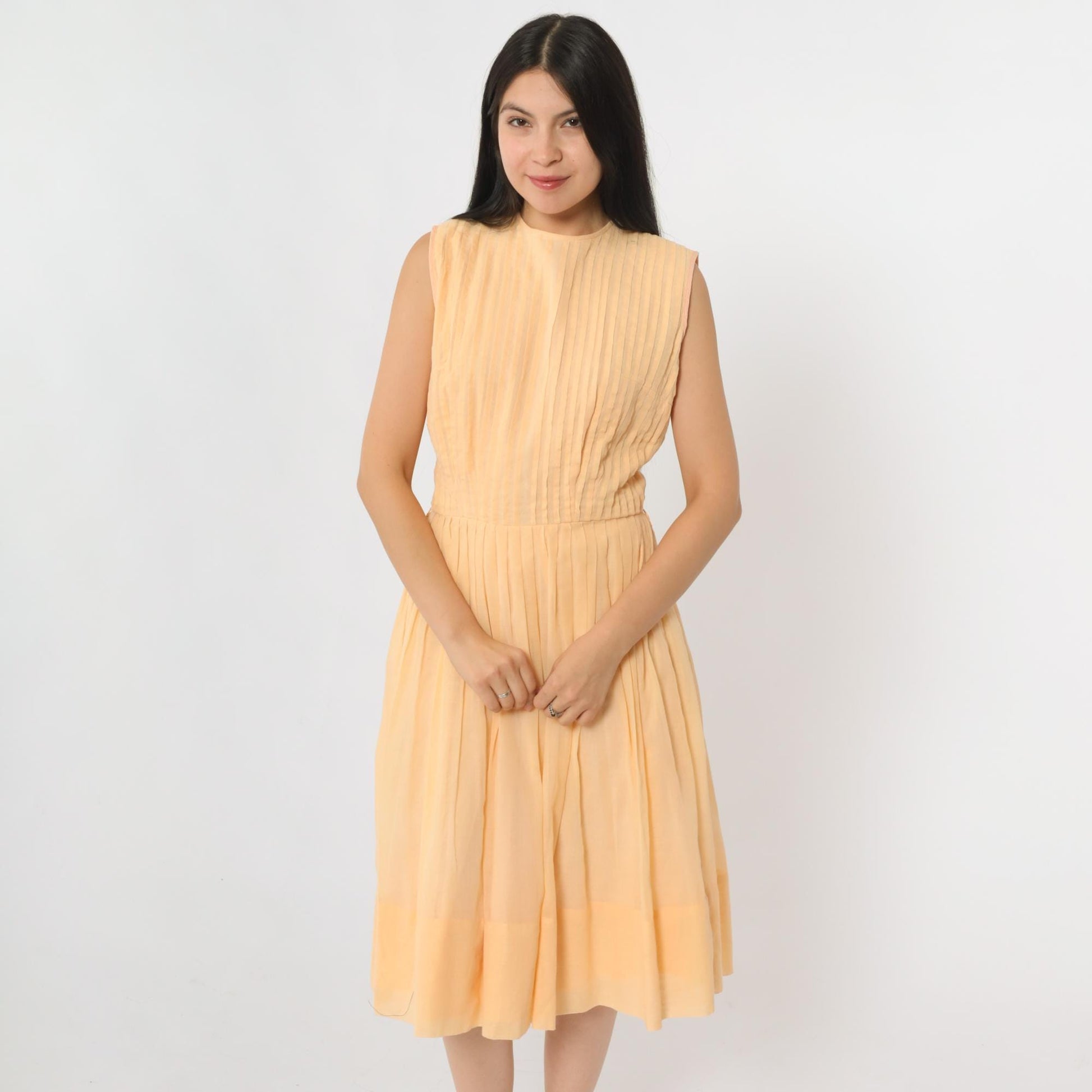 60s Peach Pleated Fit and Flare Midi Dress Sleeveless High Waist Small S
