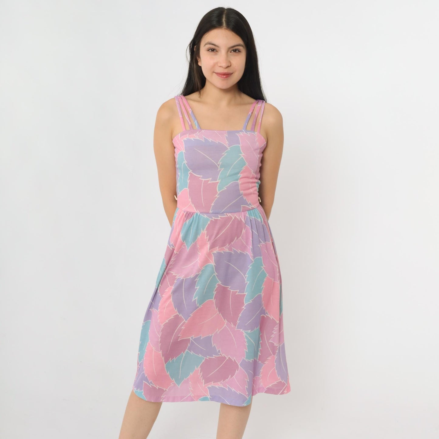 80s Pastel Leaf Print Midi Sundress Purple Pink High Waist Spaghetti Strap Extra Small