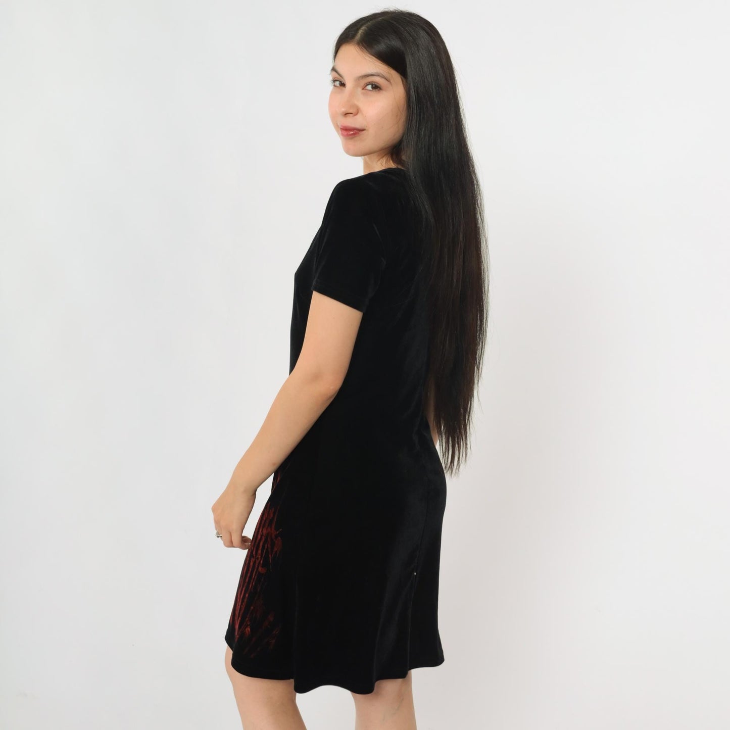 90s Groove USA Black Velvet Mini Dress Bamboo Print Scoop Neck Medium M