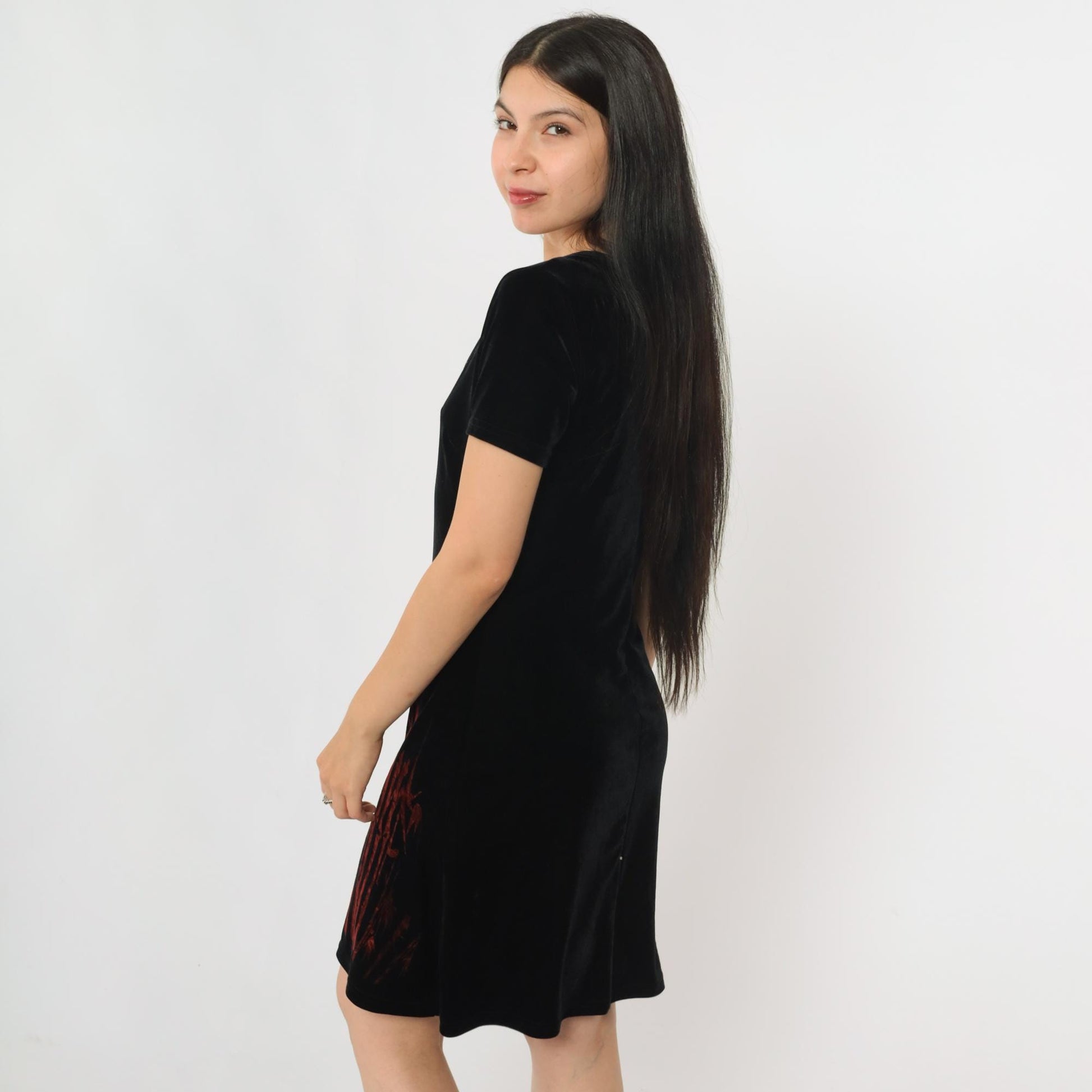 90s Groove USA Black Velvet Mini Dress Bamboo Print Scoop Neck Medium M