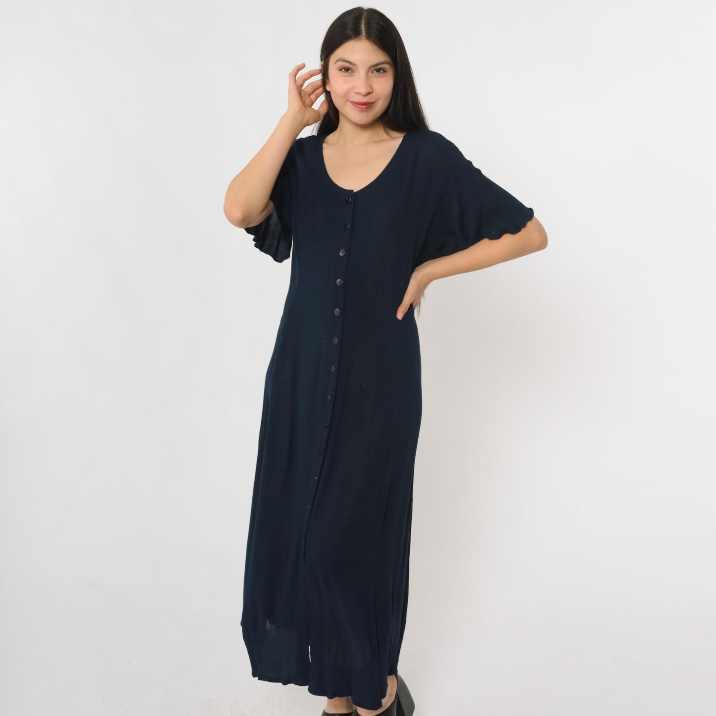 90s Navy Crinkled Rayon Button-Up Shirtdress Ankle Length Medium
