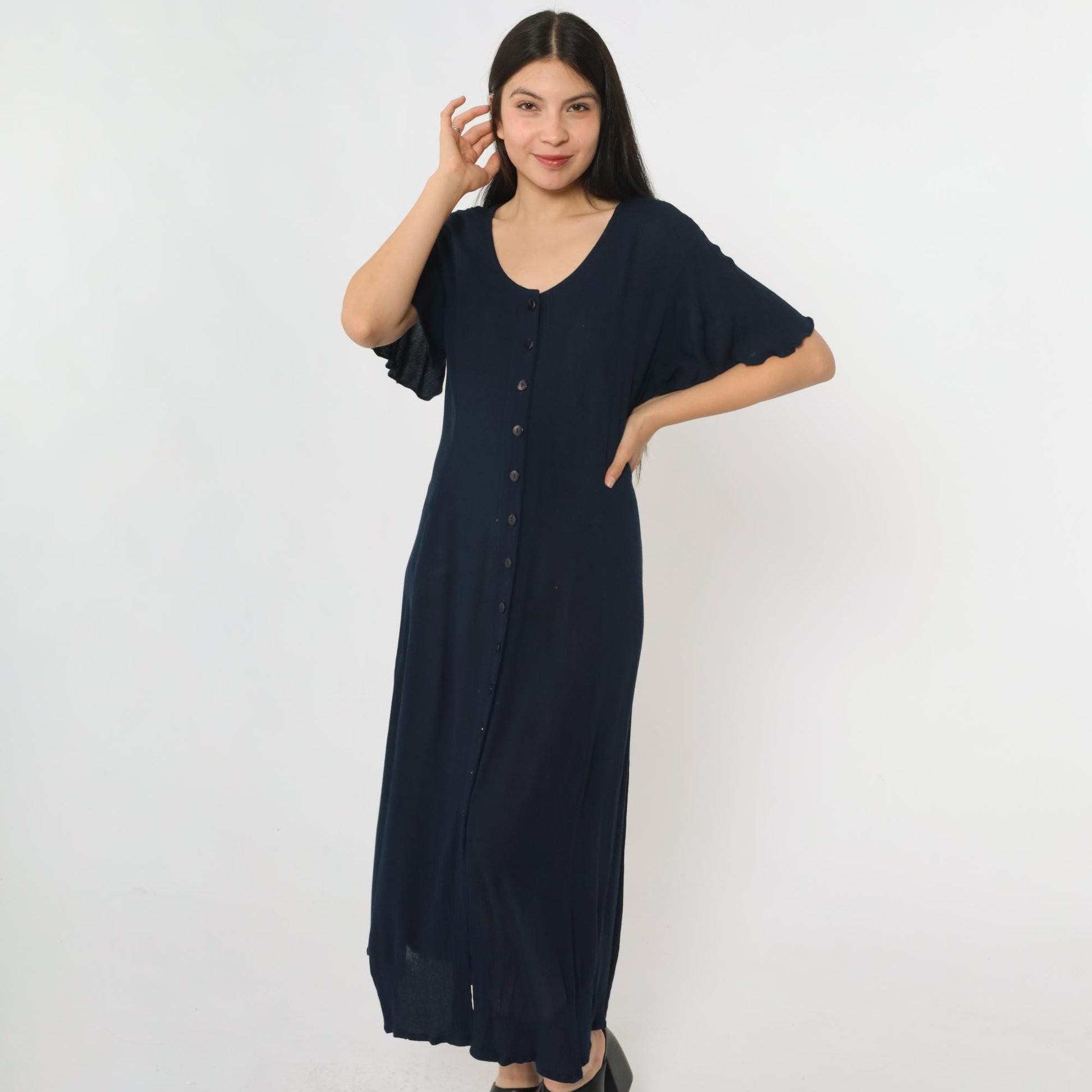 90s Navy Crinkled Rayon Button-Up Shirtdress Ankle Length Medium
