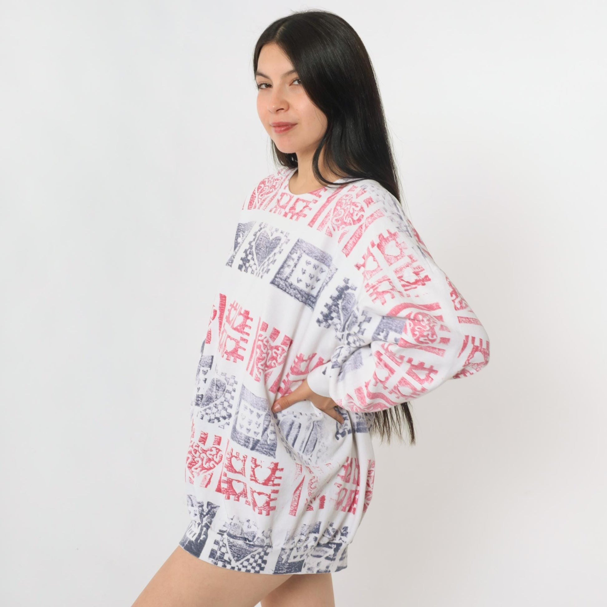 90s Heart Block Print Sweatshirt White Crewneck Pullover Extra Large XXL