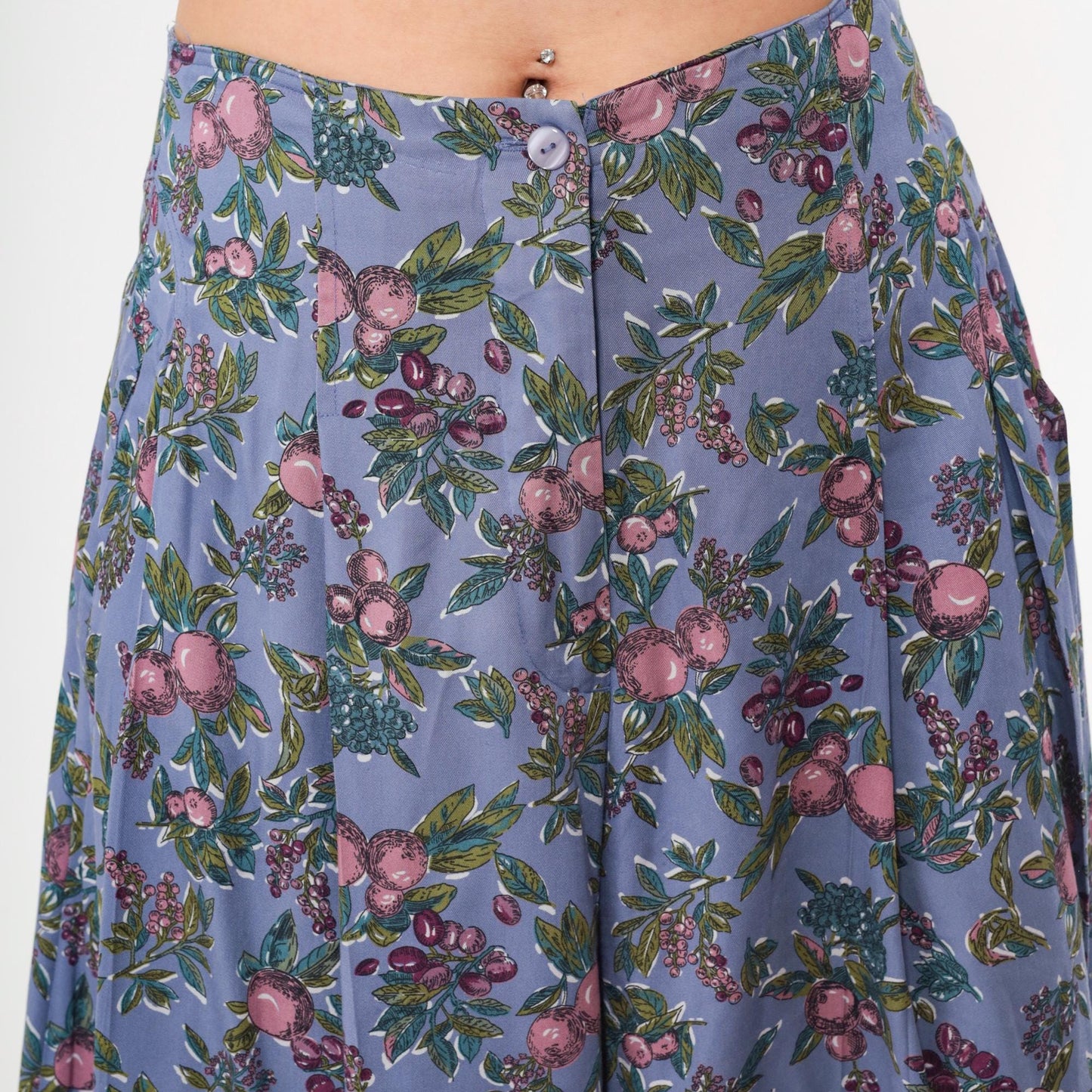 90s Cambridge Dry Goods Culotte Pants Purple Fruit Print High Waist Pleated Medium