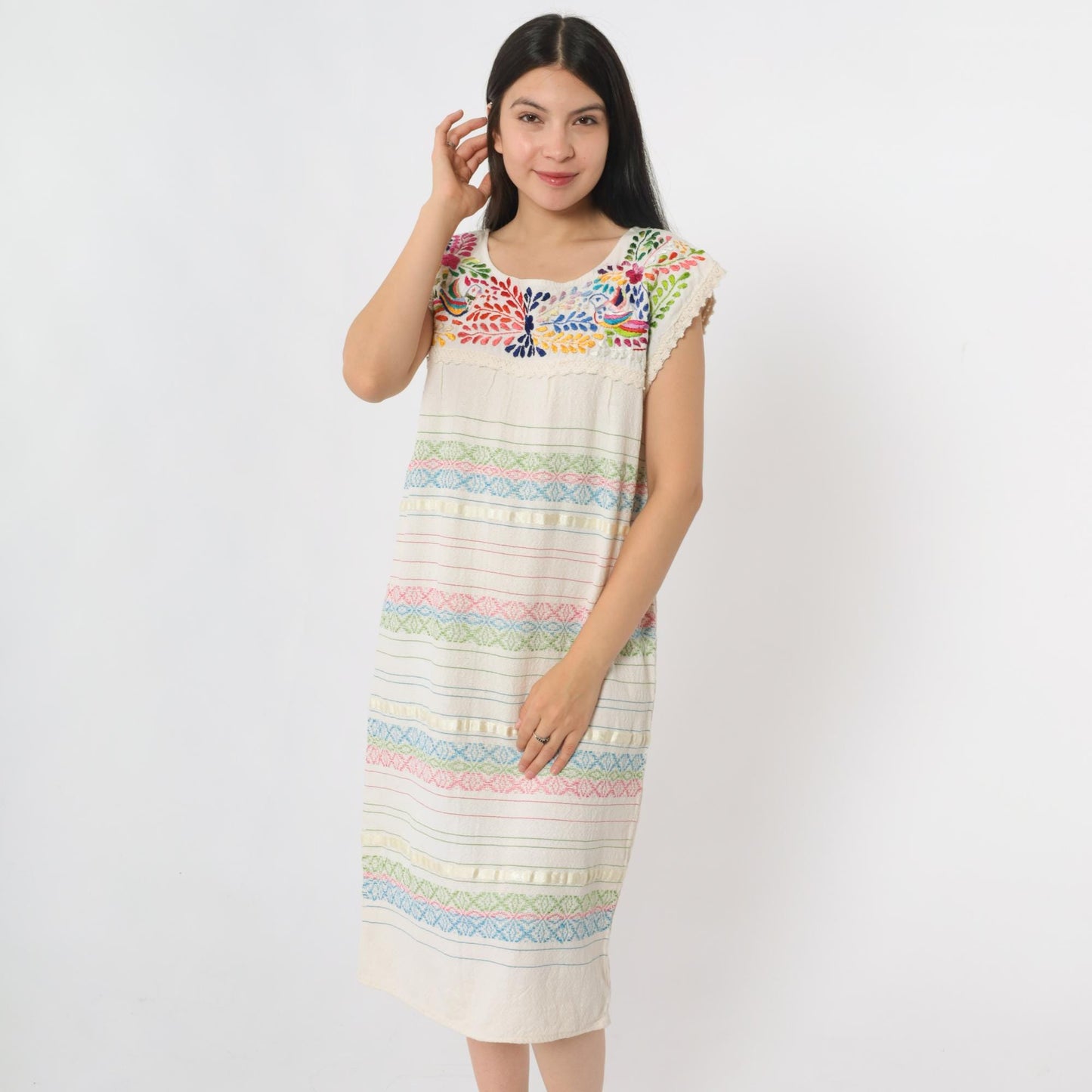 90s Mexican Embroidered Cotton Midi Dress Off-White Floral Bird Small S