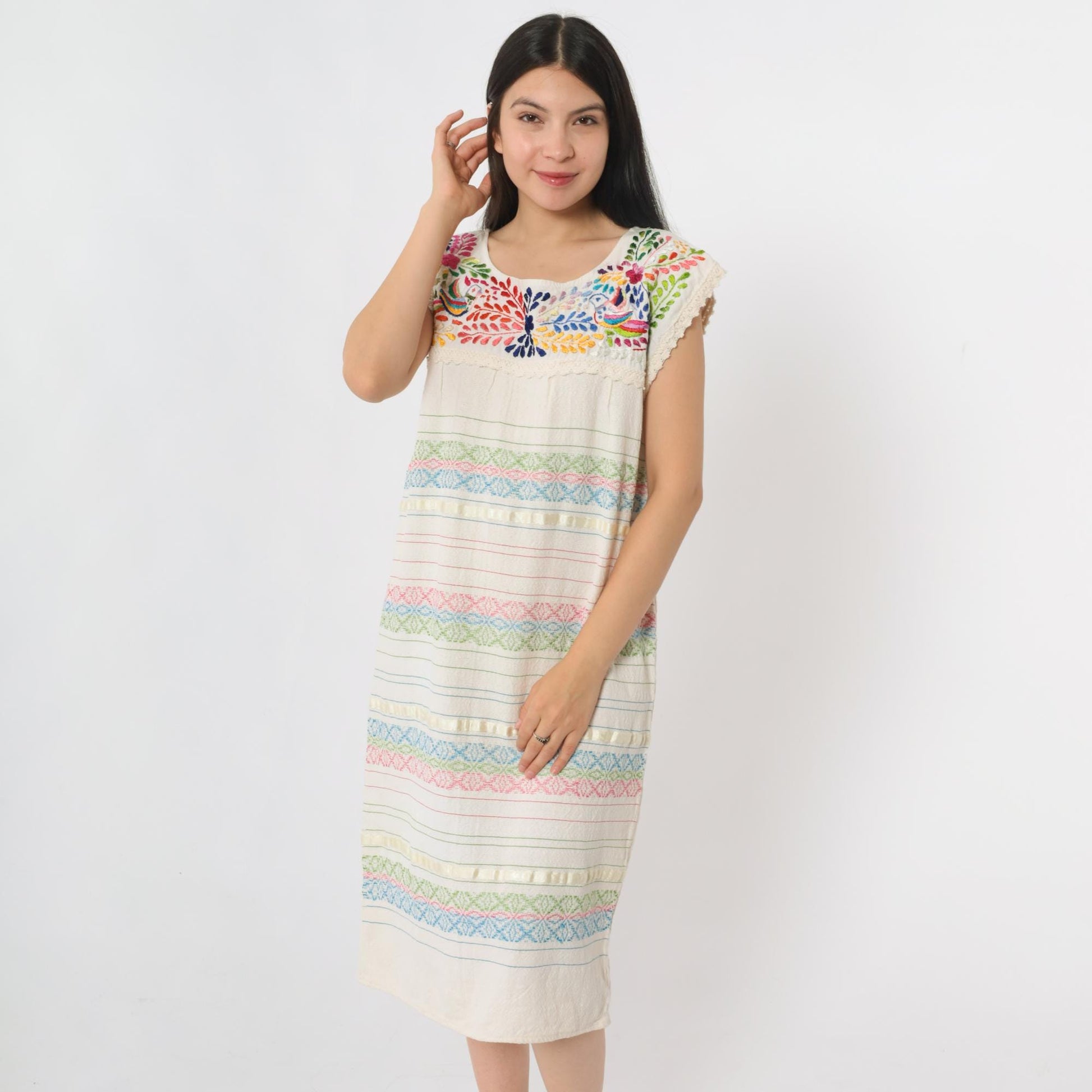 90s Mexican Embroidered Cotton Midi Dress Off-White Floral Bird Small S