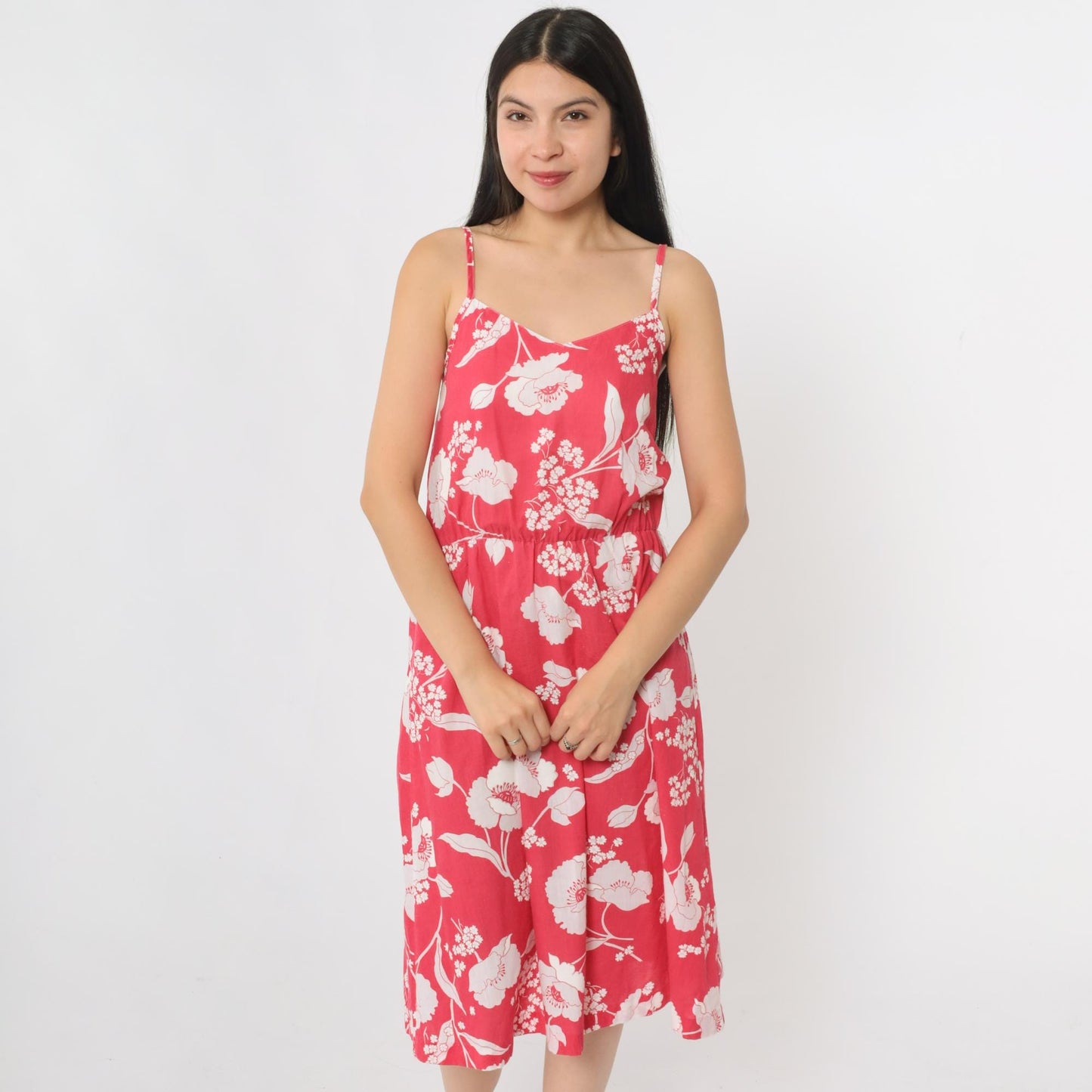 80s Pink Floral Midi Sundress High Waist Sweetheart Neckline Spaghetti Strap Small