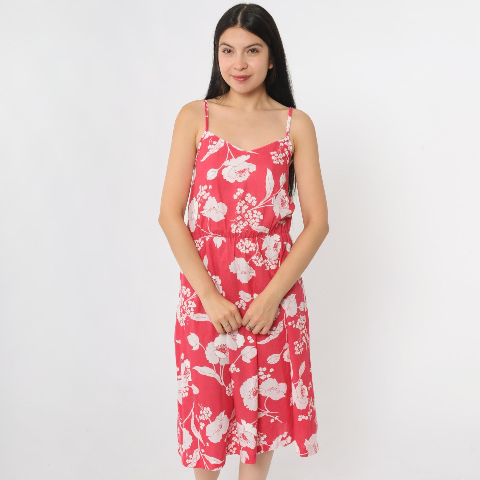 80s Pink Floral Midi Sundress High Waist Sweetheart Neckline Spaghetti Strap Small
