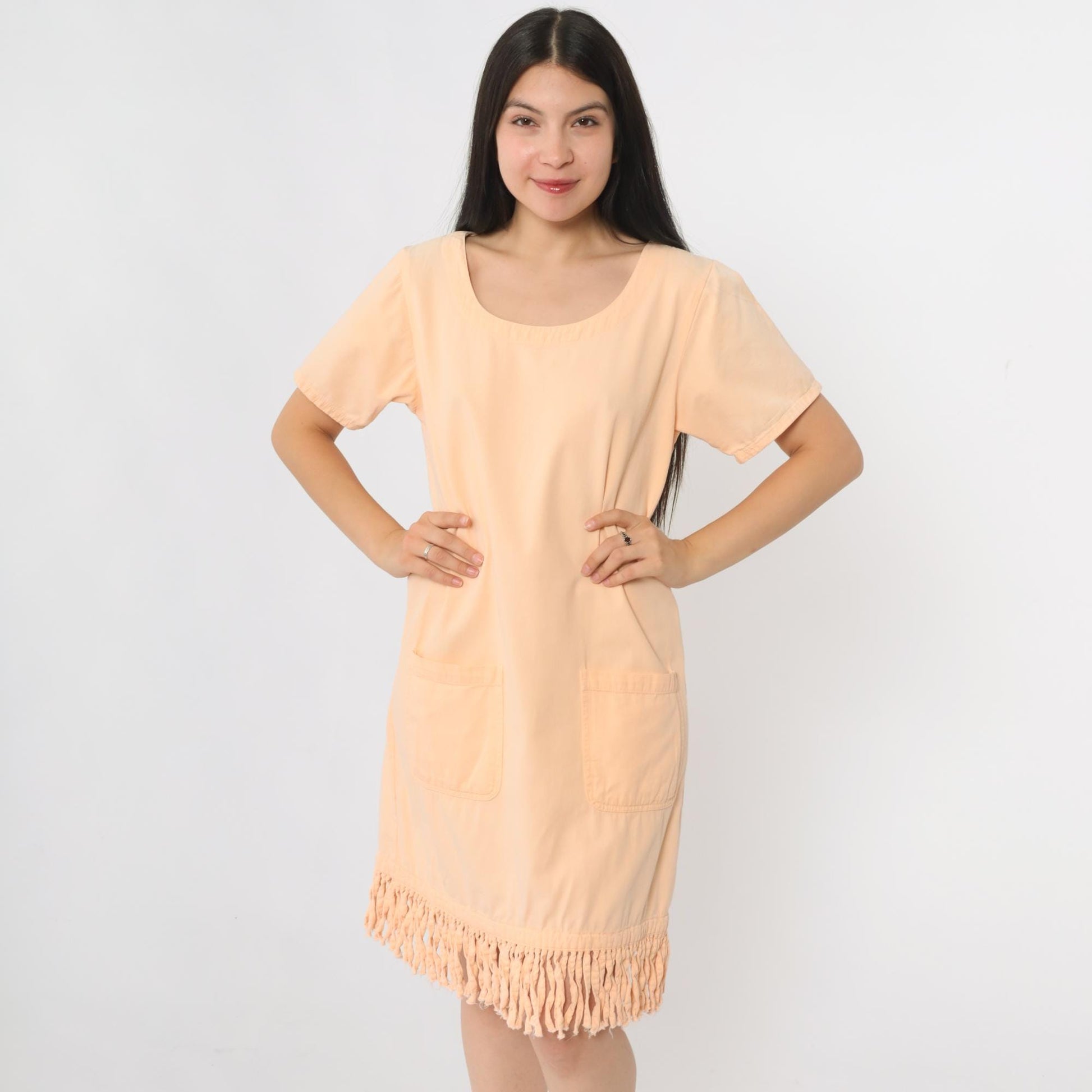 90s Peach Fringe Mini Shift Dress Cotton Short Sleeve Pockets Small S
