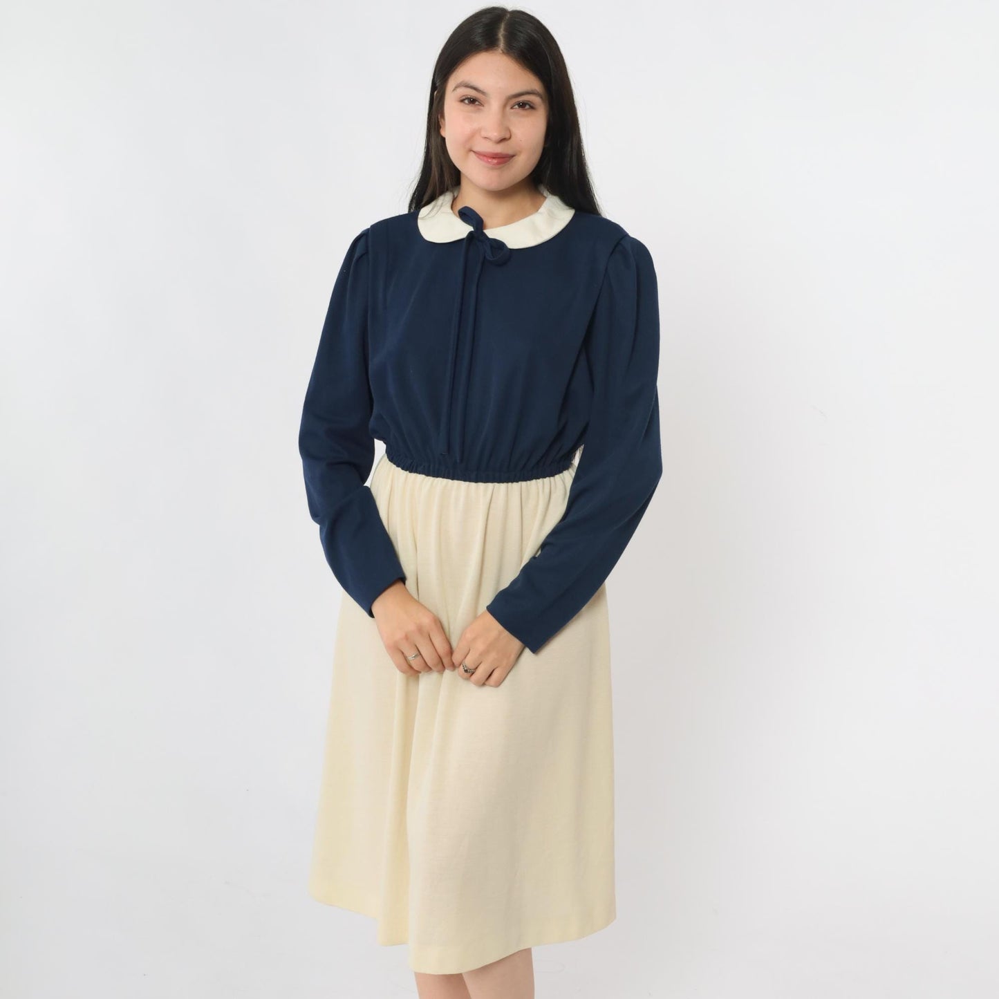 70s Checkaberry Two-Tone Midi Dress Peter Pan Collar Puff Sleeve Navy Cream Medium Large