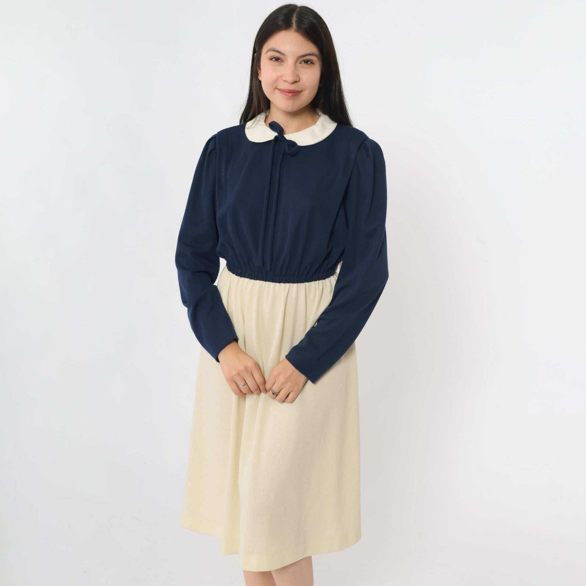 70s Checkaberry Two-Tone Midi Dress Peter Pan Collar Puff Sleeve Navy Cream Medium Large