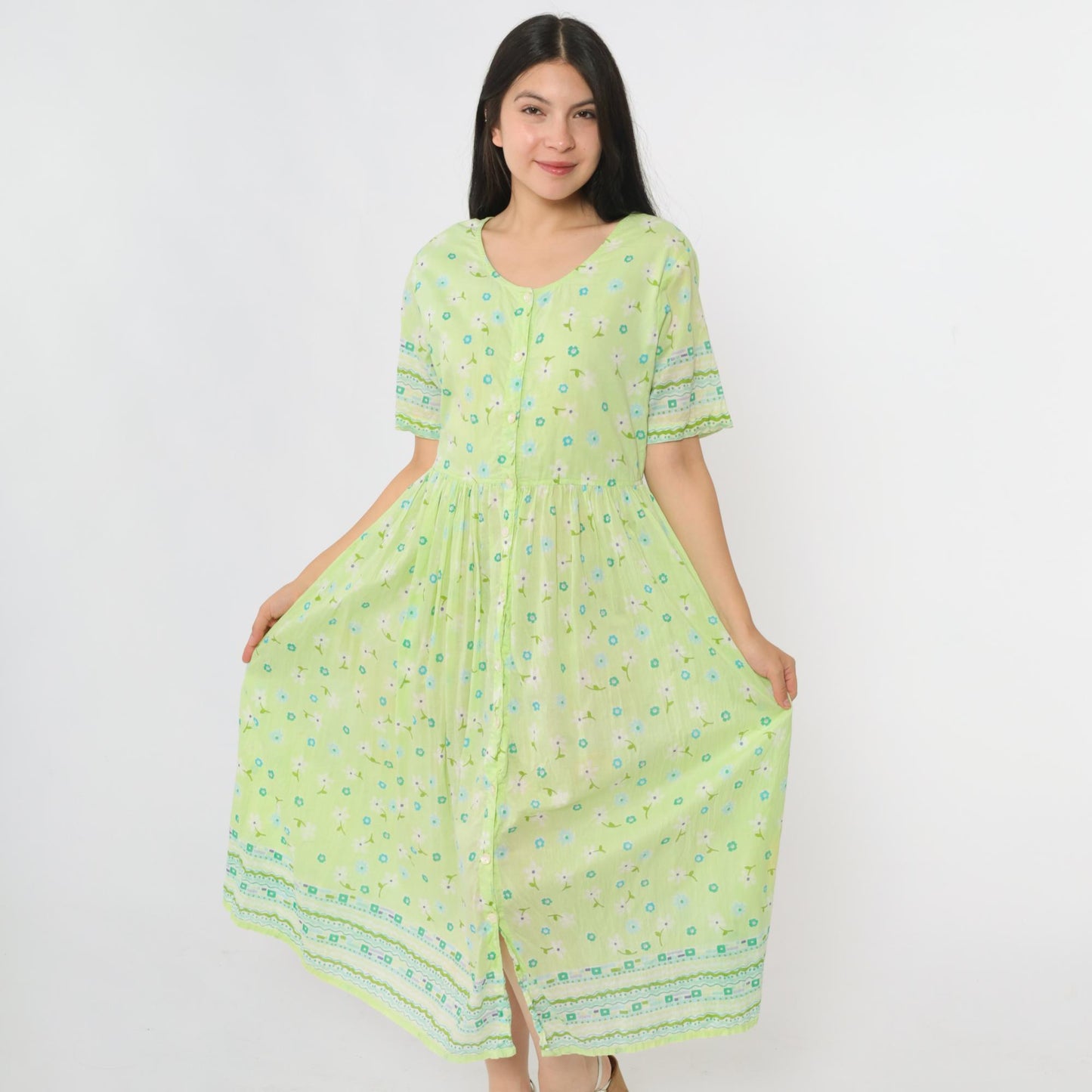 90s La Cera Lime Green Floral Midi Dress Cotton Button-Up High Waist Large